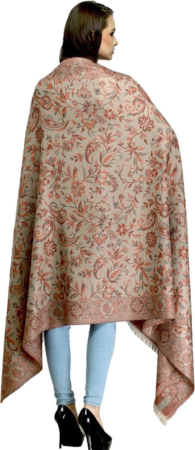 Exotic India Women Reversible Jamawar Wool Shawl with Woven Flowers | Ethnic Beautiful Floral Weave Stole, Dupatta