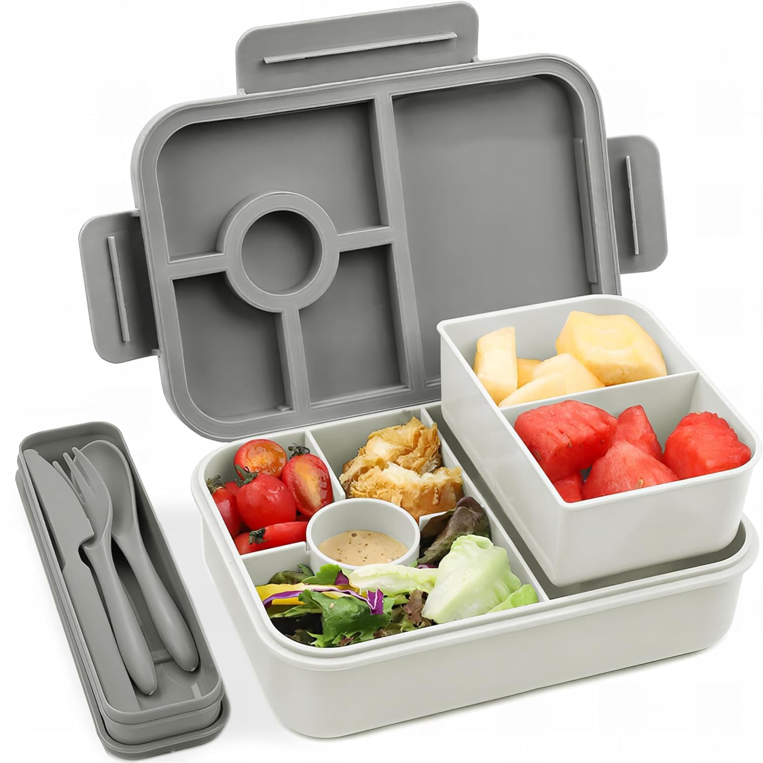 Bugucat Bento Lunch Box - 1300ML, 4-Compartment, Leak-Proof, Ideal for Kids & Adults, Grey, 1PCS
