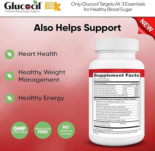 Miniatura 4 de Glucocil Cápsulas vegetarianas - Soporte prémium para el azúcar en la sangre - Soporta los 3 elementos esenciales para un azúcar en sangre saludable