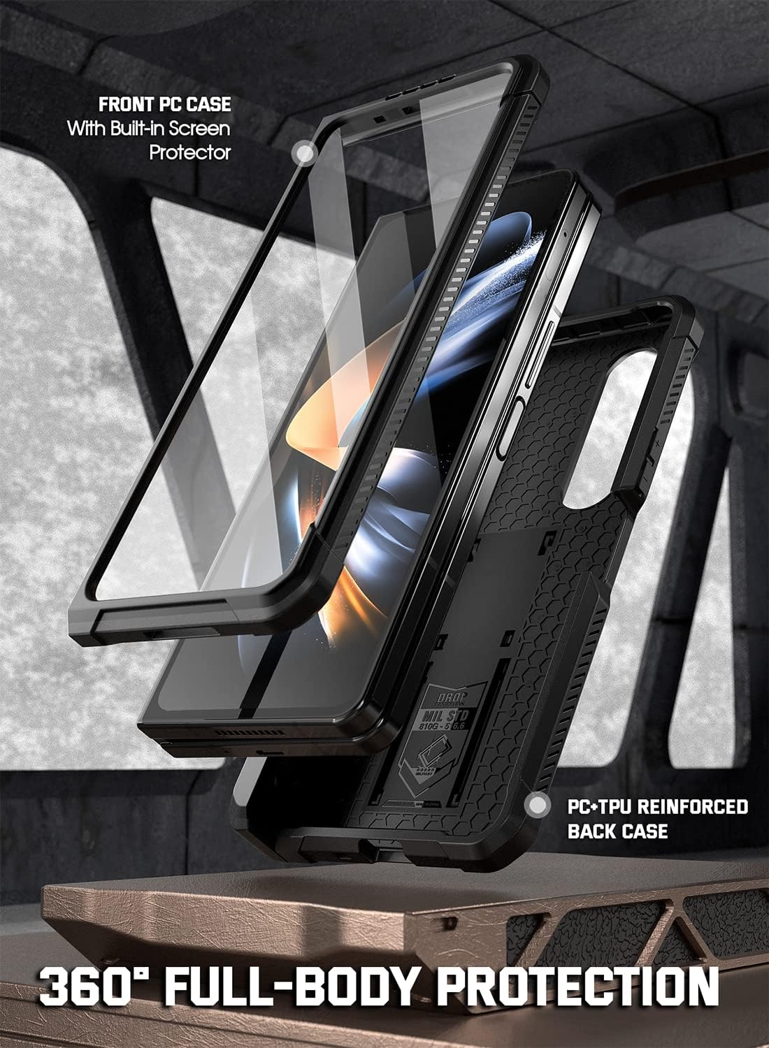 Poetic Spartan Case Compatible with Galaxy Z Fold 4, Case with S Pen Holder, Built-in Screen Protector and Kickstand, Full Body Rugged Hinge Protection, Matte Black