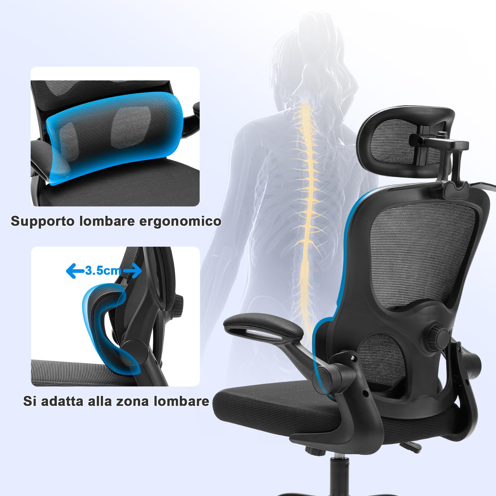 Magic Life Sedia da Ufficio Ergonomica con Schienale a Rete, Supporto Lombare Regolabile, Braccioli e Altezza Regolabili per Home Office (R5-B)