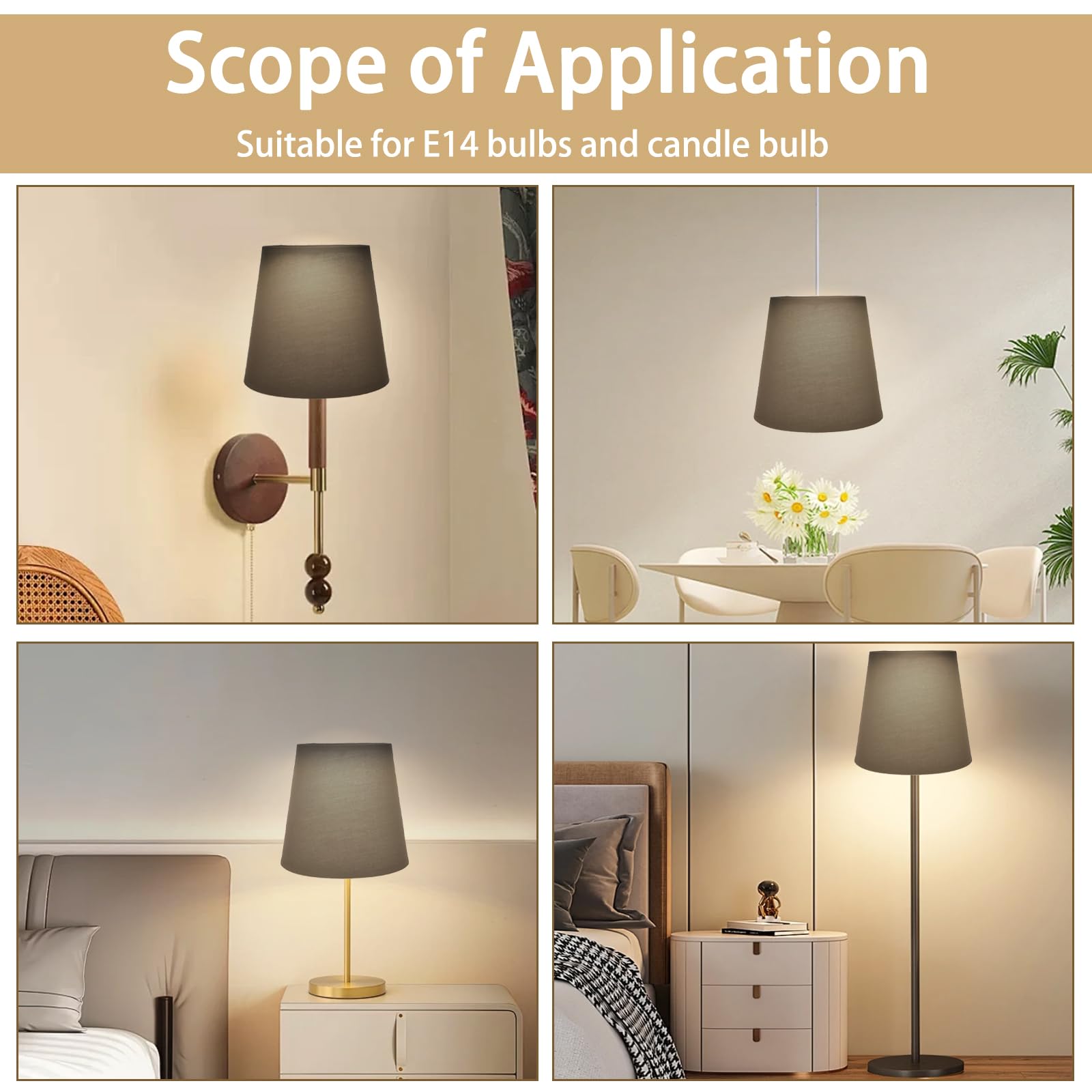 Yabound Lampshades for Floor Lamps, E14 Screw Fabric Light Shade Ceiling, Candle Lampshades, Ceiling Table Lamp Shade for Table Lamps, Floor Lamps, Chandeliers, Wall Lamps (Black) - Image 4