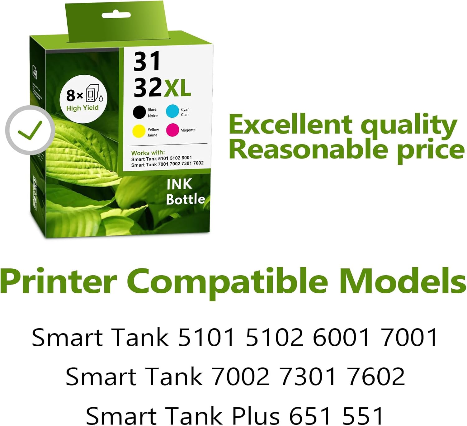 32XL/31 Black Cyan Yellow Magenta High Yield Ink Refills 8/Pack-1VV24AN 1VU26AN 1VU27AN 1VU28AN Replacement for HP 31 32XL for Smart Tank 5101 5102 6001 7001 7002 7301 7602 Plus 651 551 Ink Tank