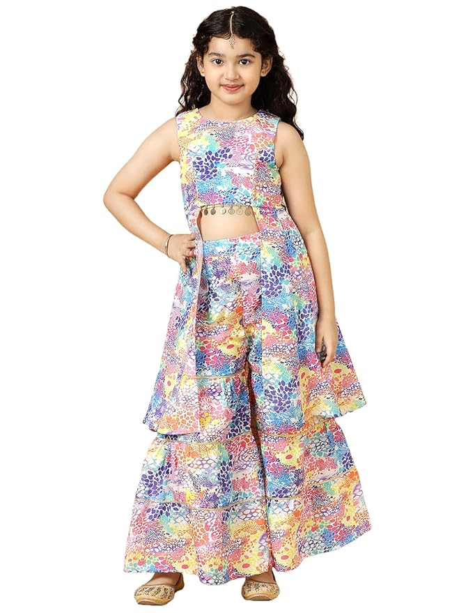 Girls Poly Silk Floral Printed 3/4 Sleeve Sharara Set | Traditional Ethnic Wear Clothing Set for Festival and Special Occasions