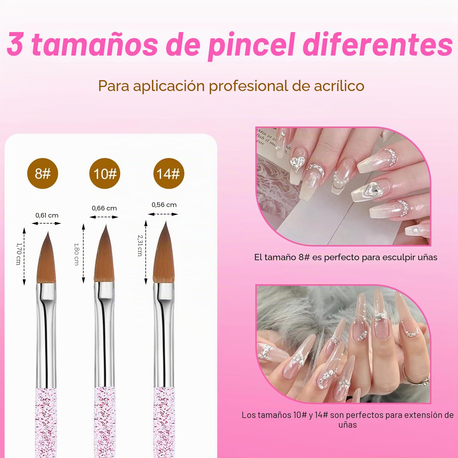Set 3 Pinceles para Uñas Acrílicas 8/10/14, Pincel Uñas Gel UV, Kit Pinceles Decoración Uñas Profesional, Acrílico y Polvo Acrílico, Ideal para Principiantes, Nail Art, Regalo Mujer DIY