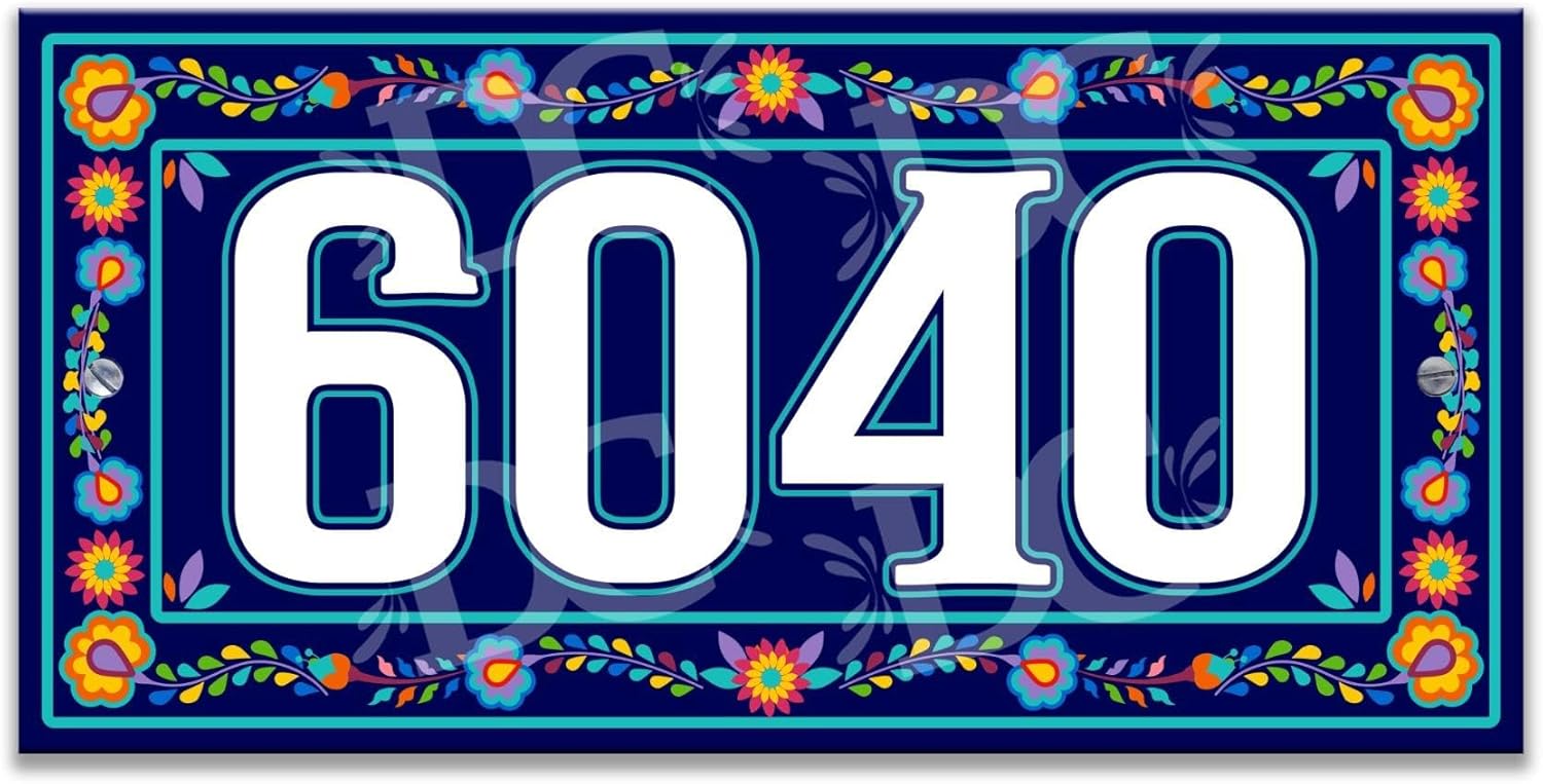 Mexican Floral Ceramic Address Tile, Ceramic Address House Numbers, Teal