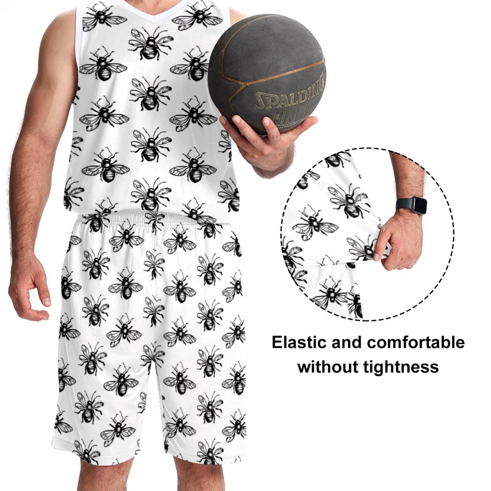 Tuta da basket da uomo con tasche, abbigliamento sportivo per uomini, uniforme della squadra, bianco e nero, semplice insetto, 5XL