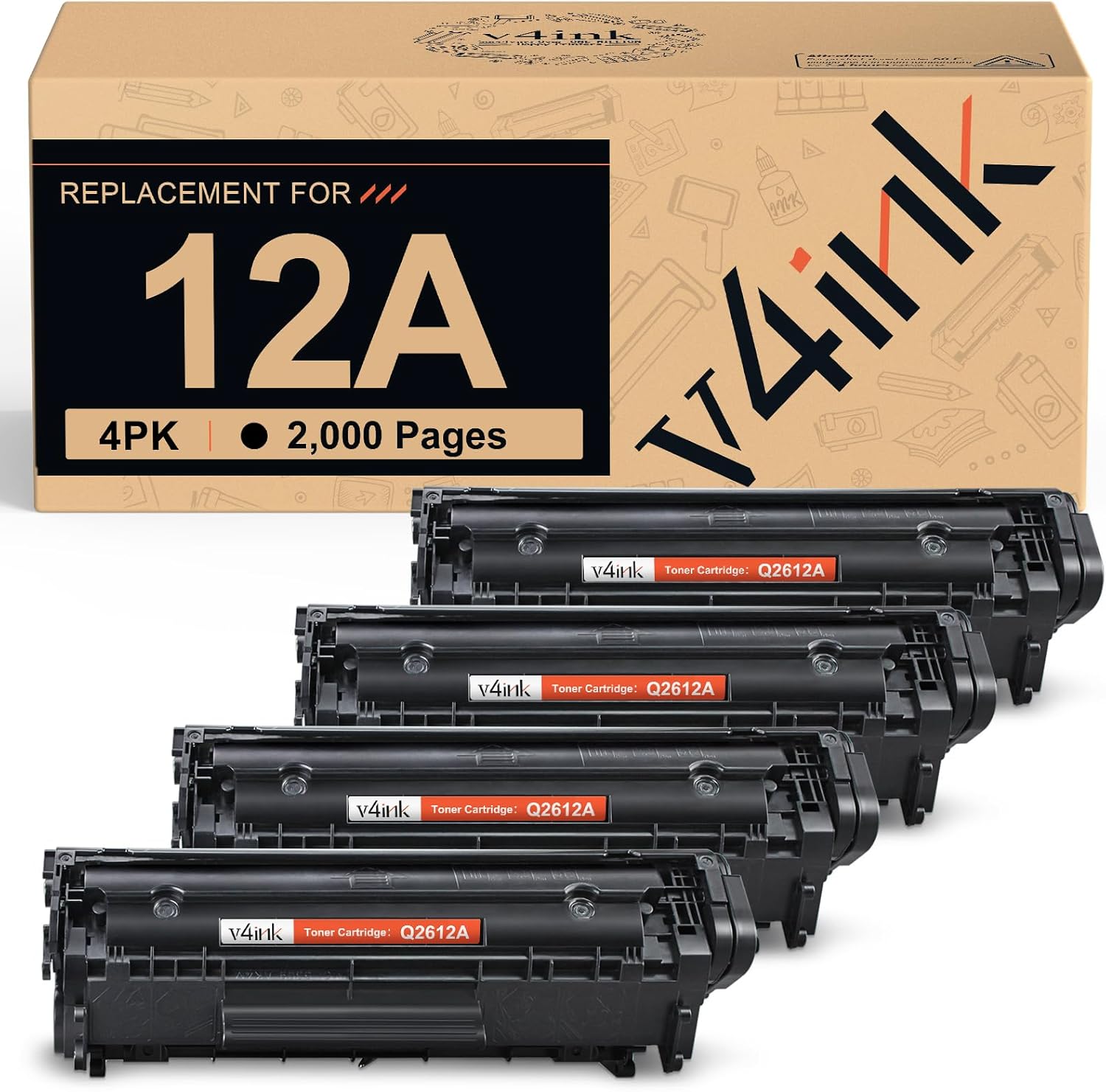 v4ink Q2612A Toner Cartridge Compatible Replacement for HP 12A Q2612A Toner Cartridge Black Ink for HP Laser 1012 1018 1020 1022 1022N 3015 M1005 M1319F Printer 4-Pack