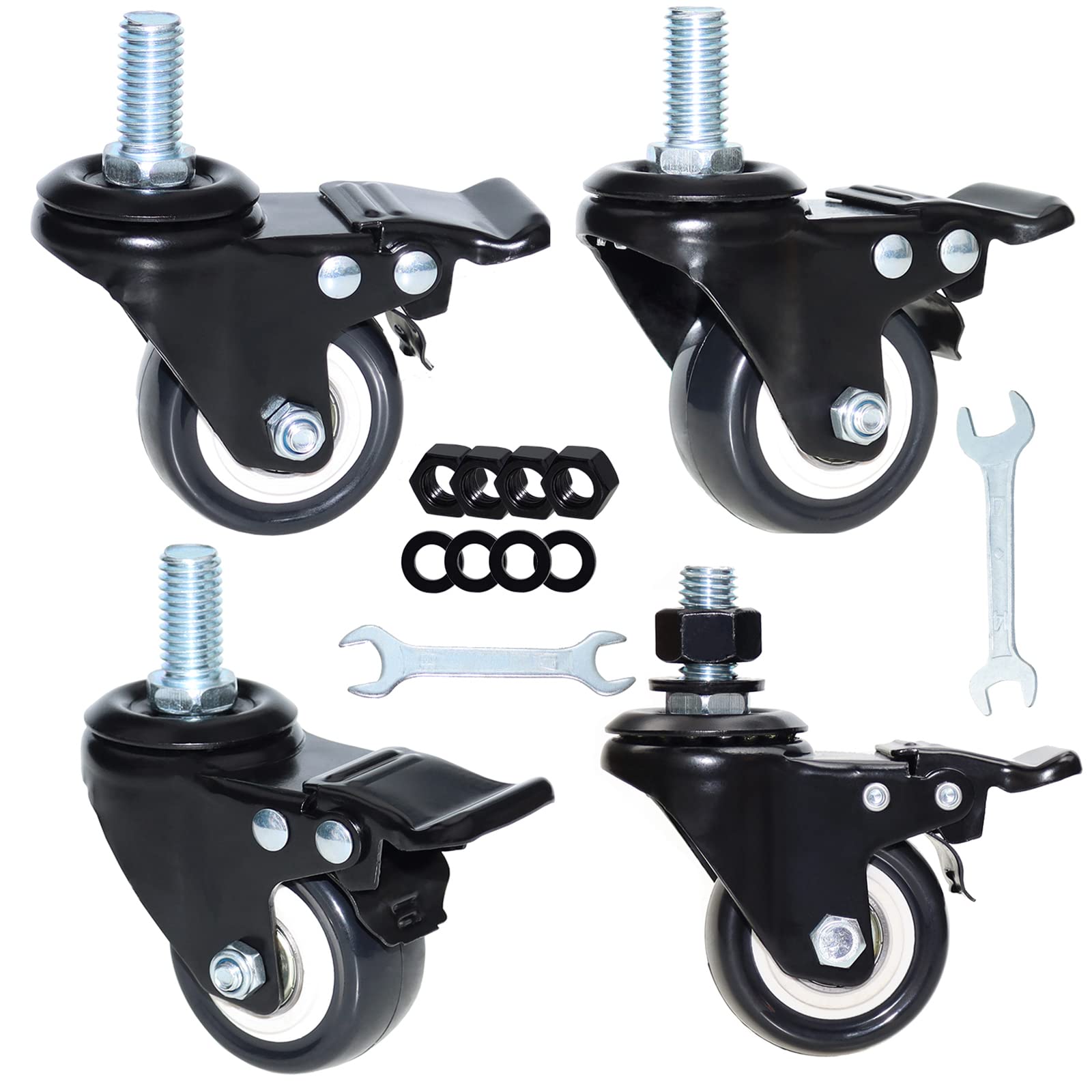 Photo 1 of 2'' Caster Wheels, Swivel Stem Casters 1/2'' - 13x1'' (Screw Diameter 1/2'', Screw Height 1'') 330Lbs Heavy Duty Threaded Casters No Noise PU Dual Locking Castors with Brake