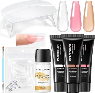 PEACECOLOR Poly Nail Gel Kit with U V Light, 3 Colors Clear Pink Nude 16ML Poly Extension Gel Nail Kit with Slip Solution for Beginners Manicure Tools DIY Home Salon Art Design
