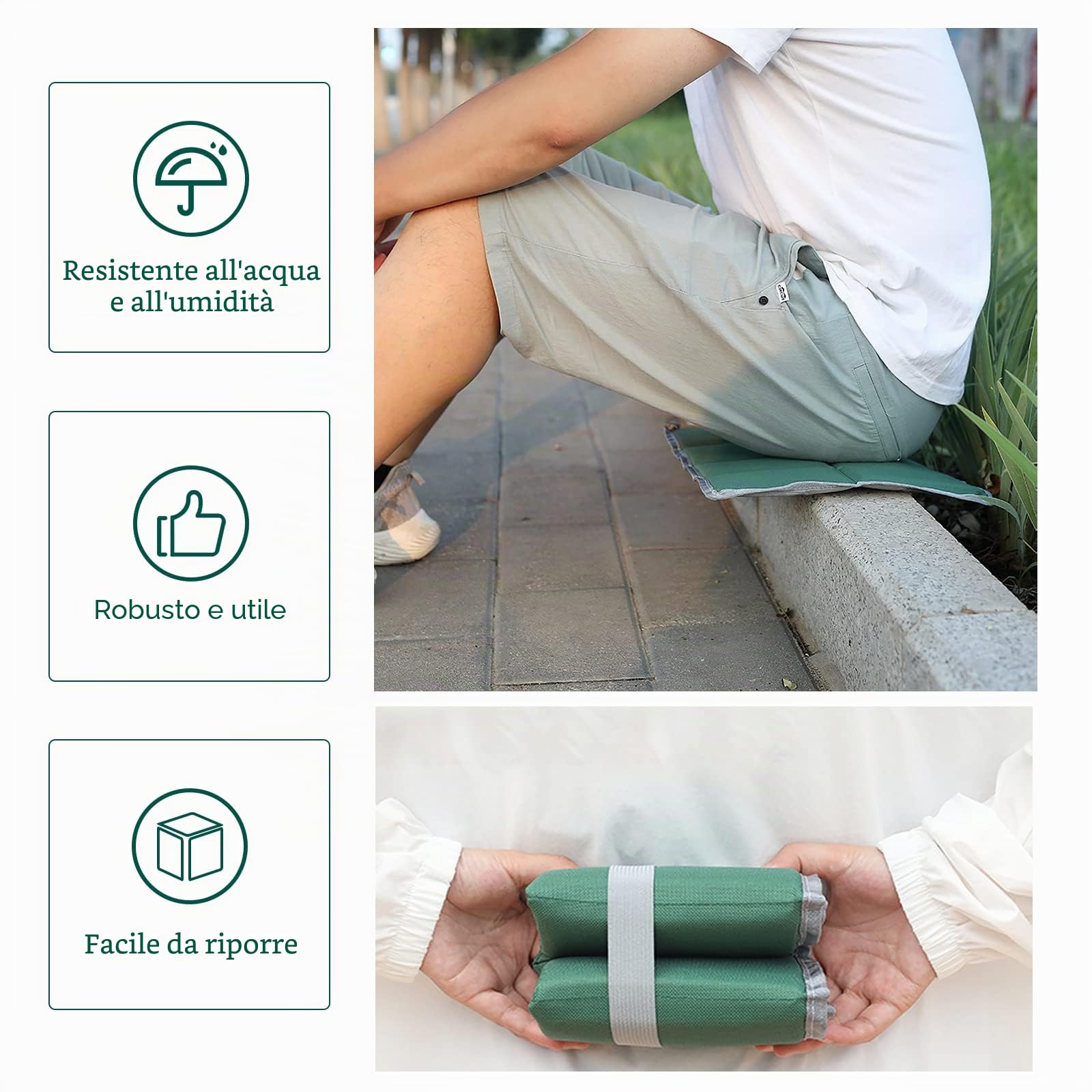 2 Pezzi Tappetino Pieghevole, Cuscino Stadio Gomma Piuma con 2 Borsa Portaoggetti, per Picnic, Escursioni, Campeggio (Nero e Verde)