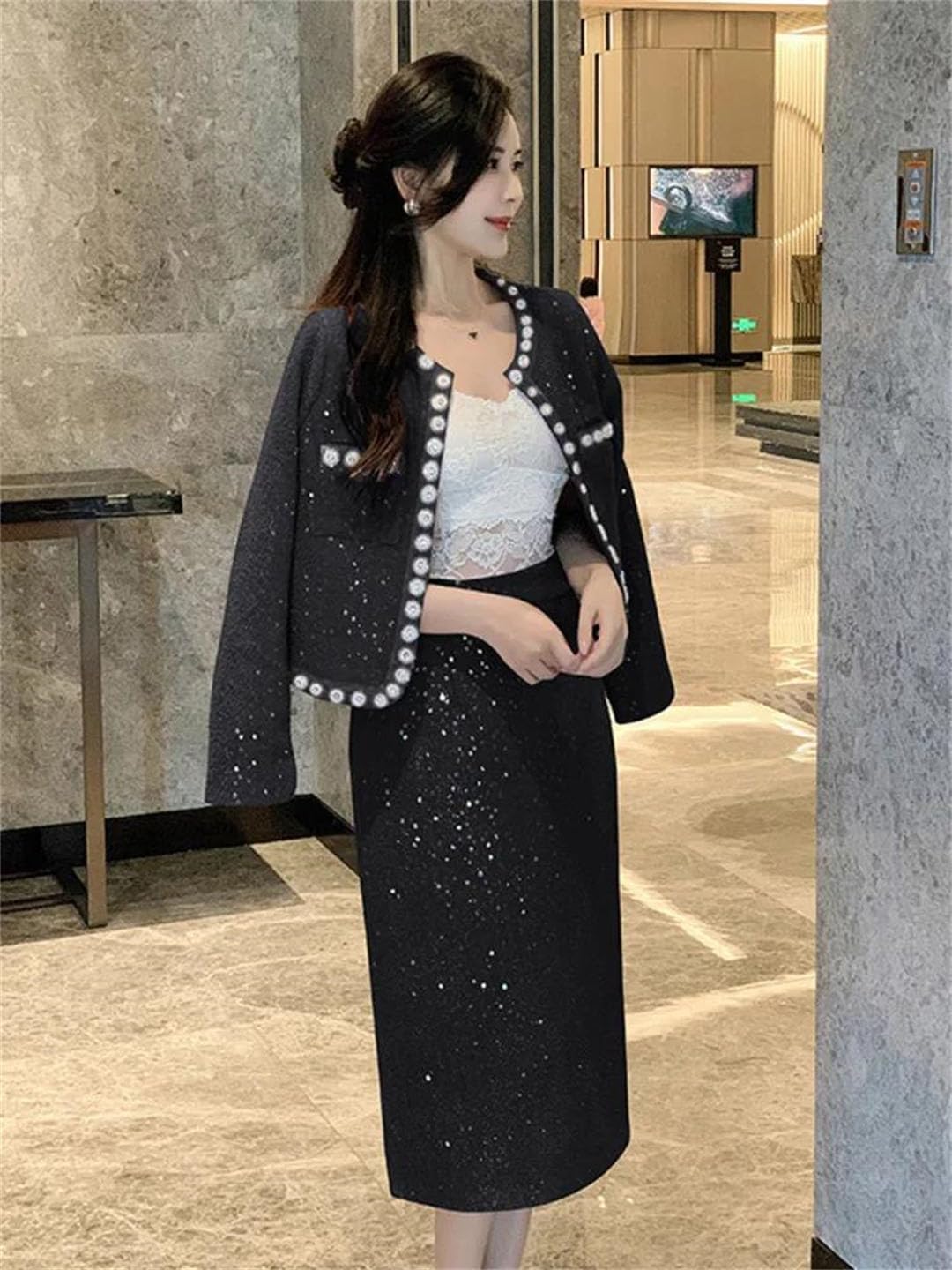 Women Two Piece Set Beaded Jacket Long Skirt Casual Outfit