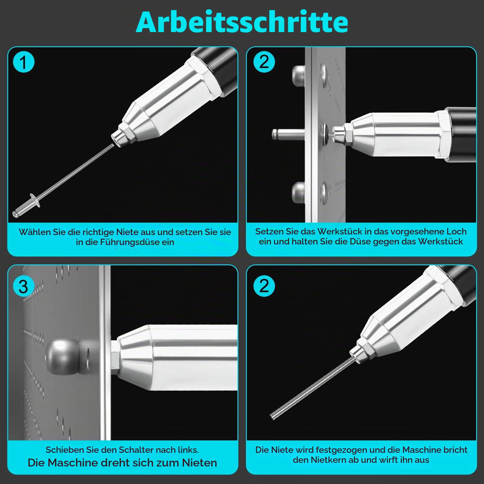 Akku Nietzange Kompatibel mit Makita 18V Akku, 30000N Bürstenlose Blindnietzange, Elektrische Nietpistole mit LED, Automatischer Popnietenzange Mit 3.2/4.0/4.8mm Adaptern(ohne Batterien)