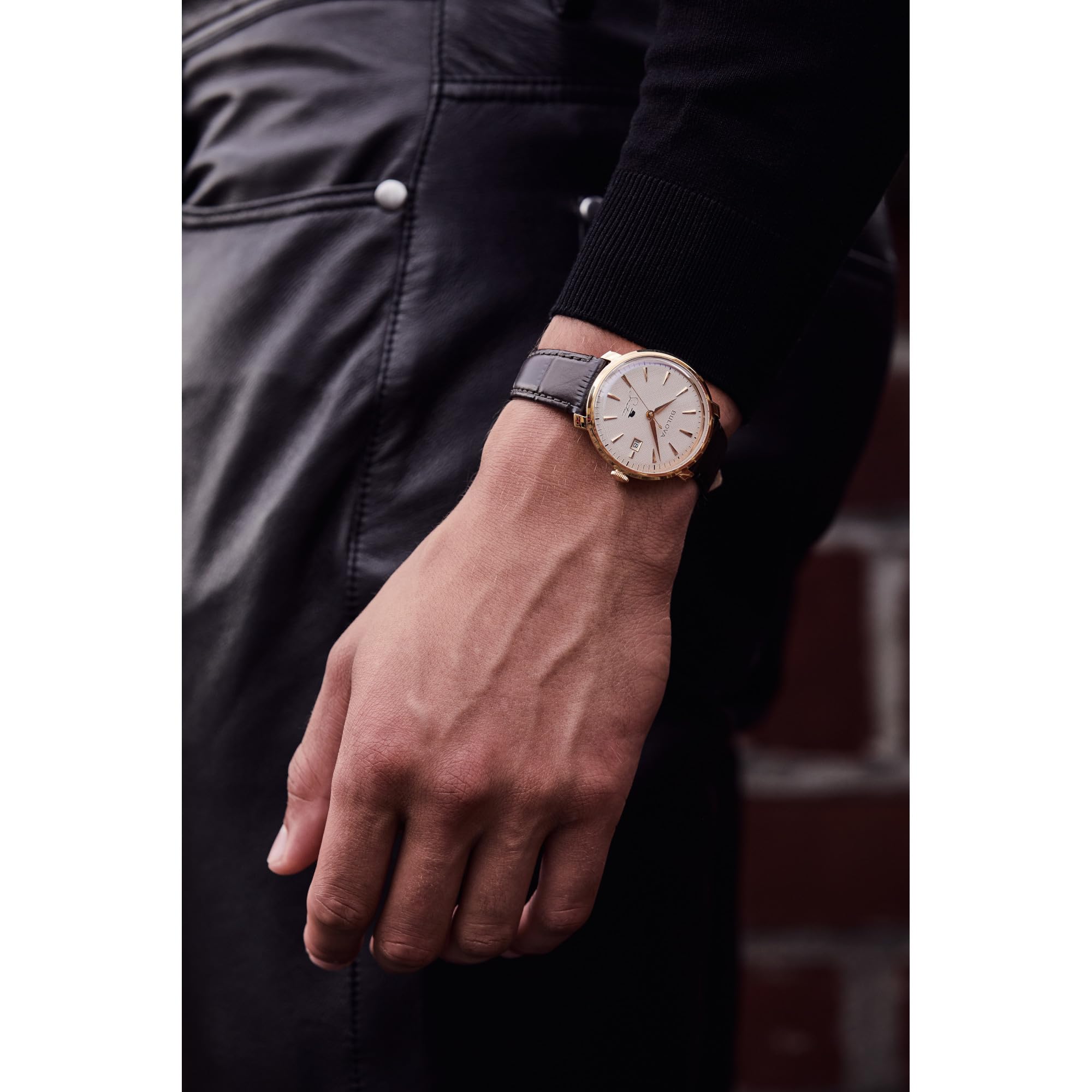 Bulova Men's Frank Sinatra The Best is Yet to Come Mechanical Self-Wind Gold Dial with Black Textured Leather Strap, Exhibition Caseback, White Textured Dial Model: 97B195