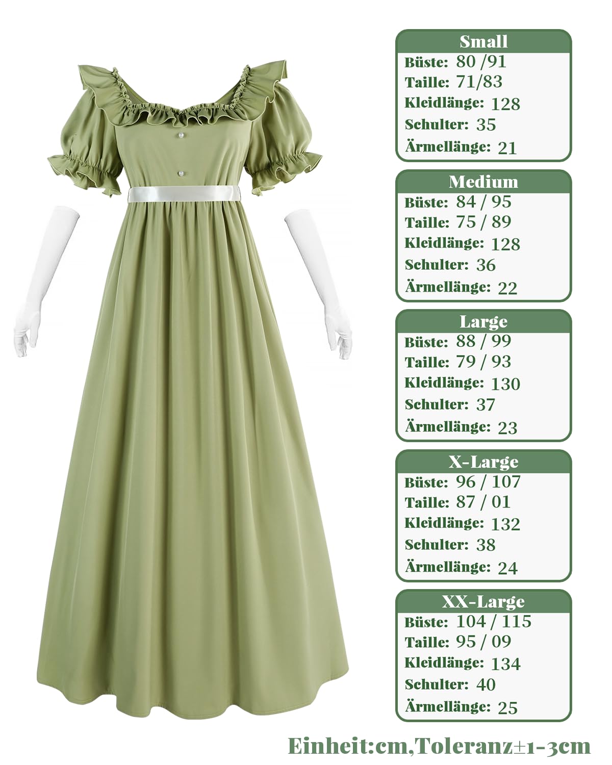 CR ROLECOS Regency - Abito da donna a vita impero, lungo, stile vittoriano, con maniche a sbuffo, guanti, colore verde