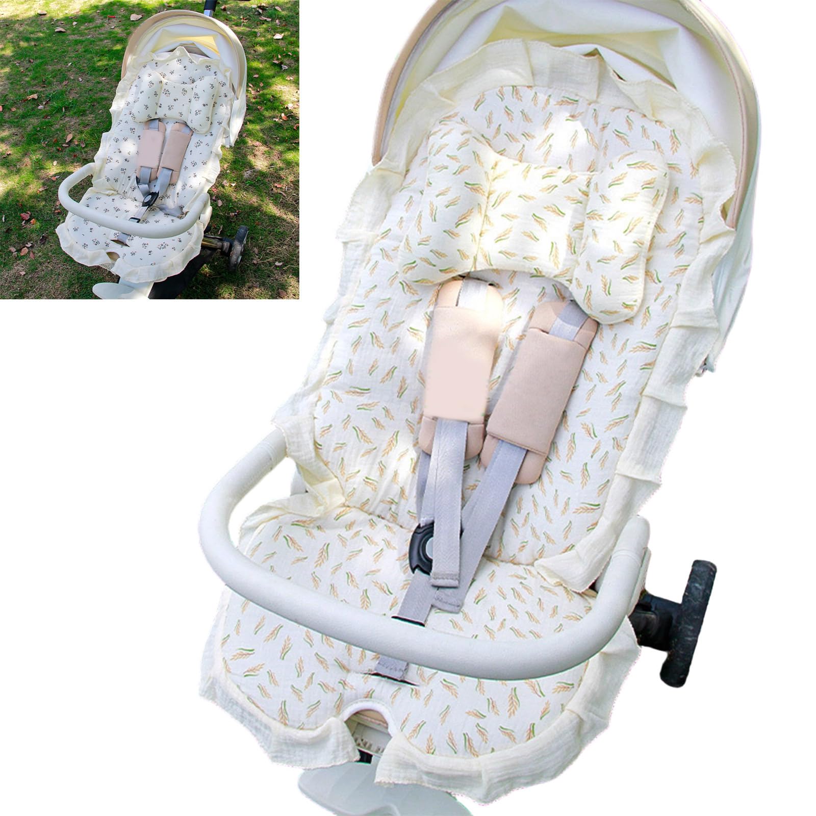 Ensemble de 2/3 / 4 coussins pour poussettes garnis de dentelle avec oreiller, coussin en coton lavable en machine, adapté à la plupart des landaus pour bébés, accessoires de coussin de siège