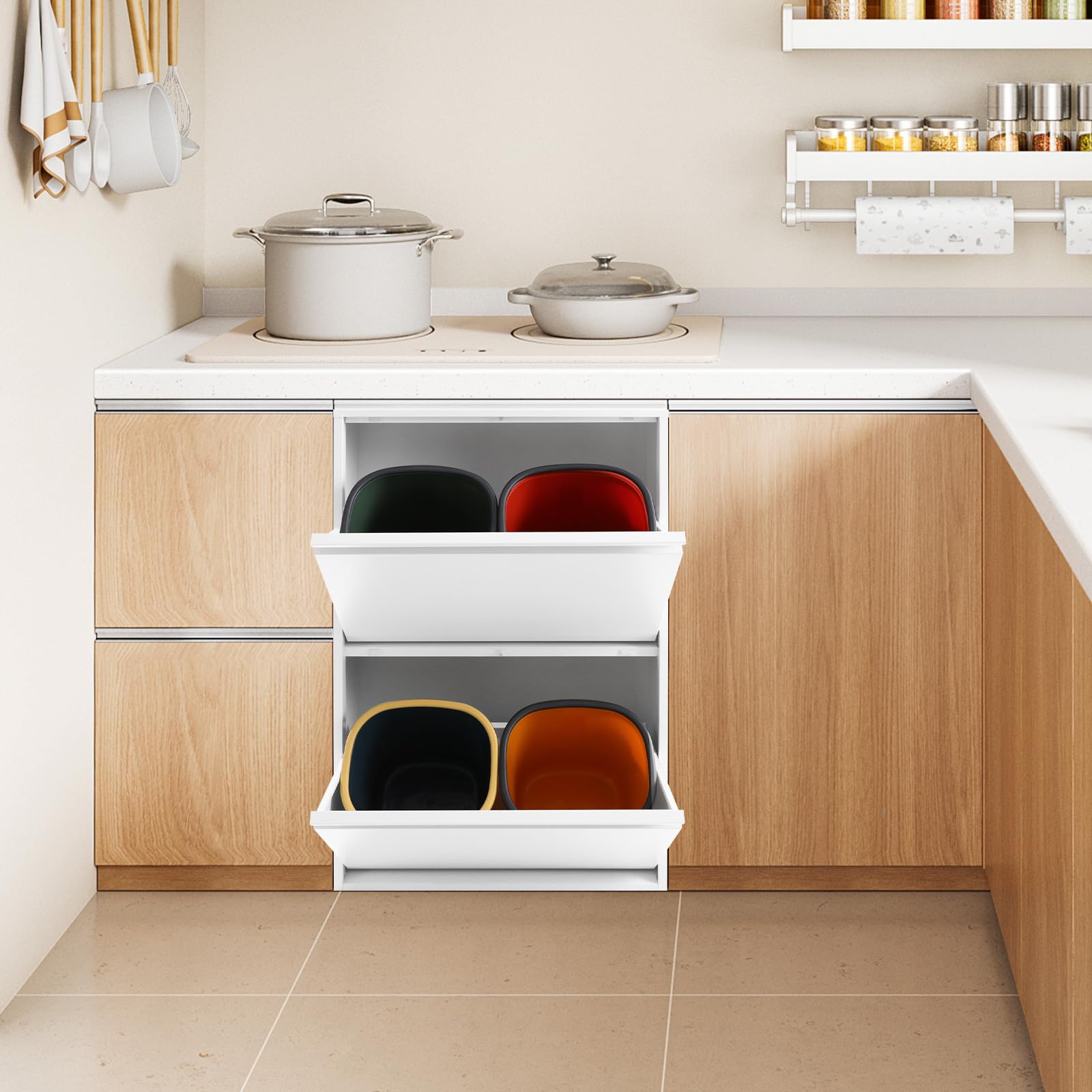 Cubo de basura de cocina con 4 compartimentos, sistema de separación de basura, de acero, con cubo interior extraíble, para montaje en pared, 4 x 15 L, color blanco