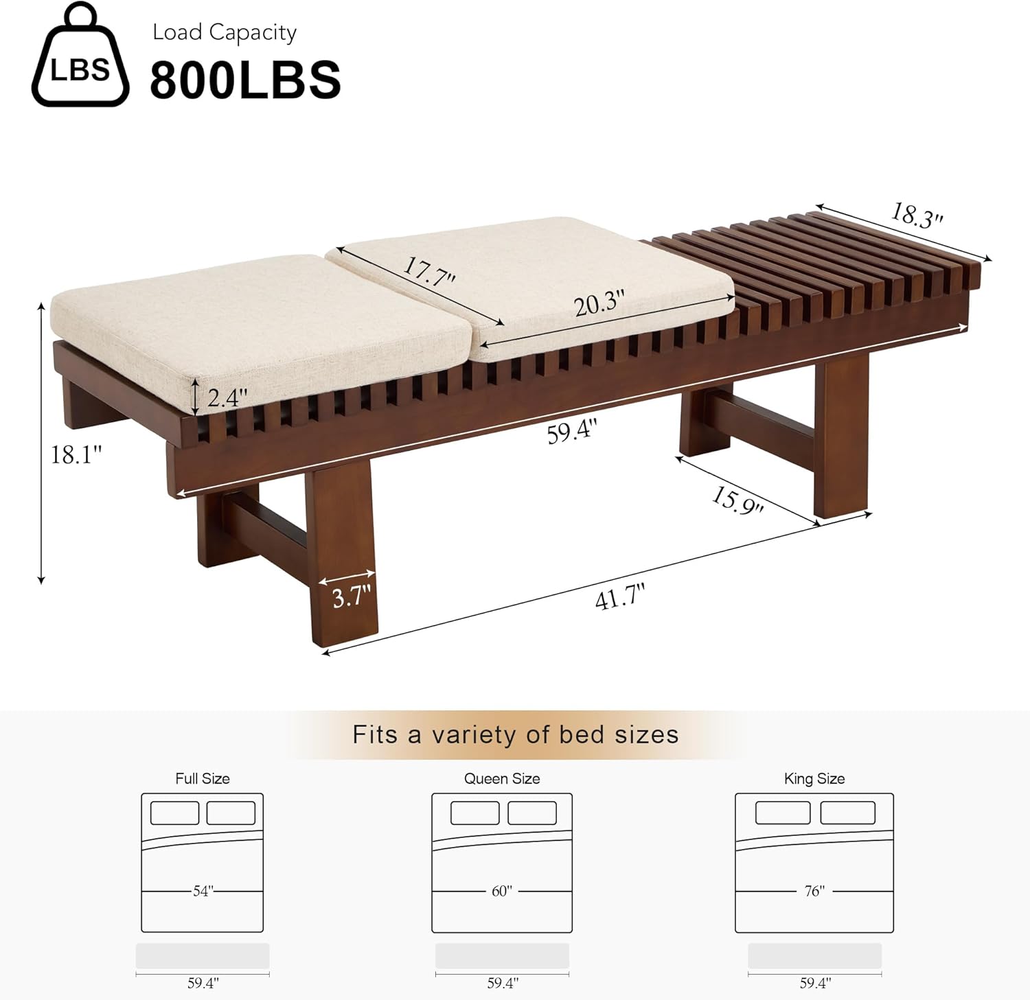 ONEVOG 59.4" Entryway Shoe Bench with Natural Solid Wood Frame & Cushions, Farmhouse Upholstered Narrow Bench Seat Indoor for Extra Long Dining Table, Hallway, End of Bed, Kitchen (Walnut/Beige)