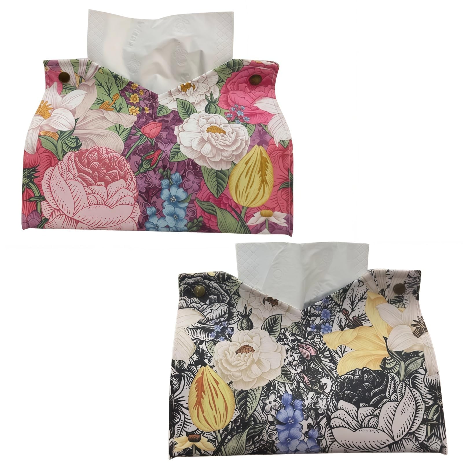 HUANYO Set of 2 Oil Painting Flower PU Leather Tissue Box Covers, Abstract Floral Napkin Holder & Square Tissue Box Case for Living Room, Bedroom, Bathroom, Office