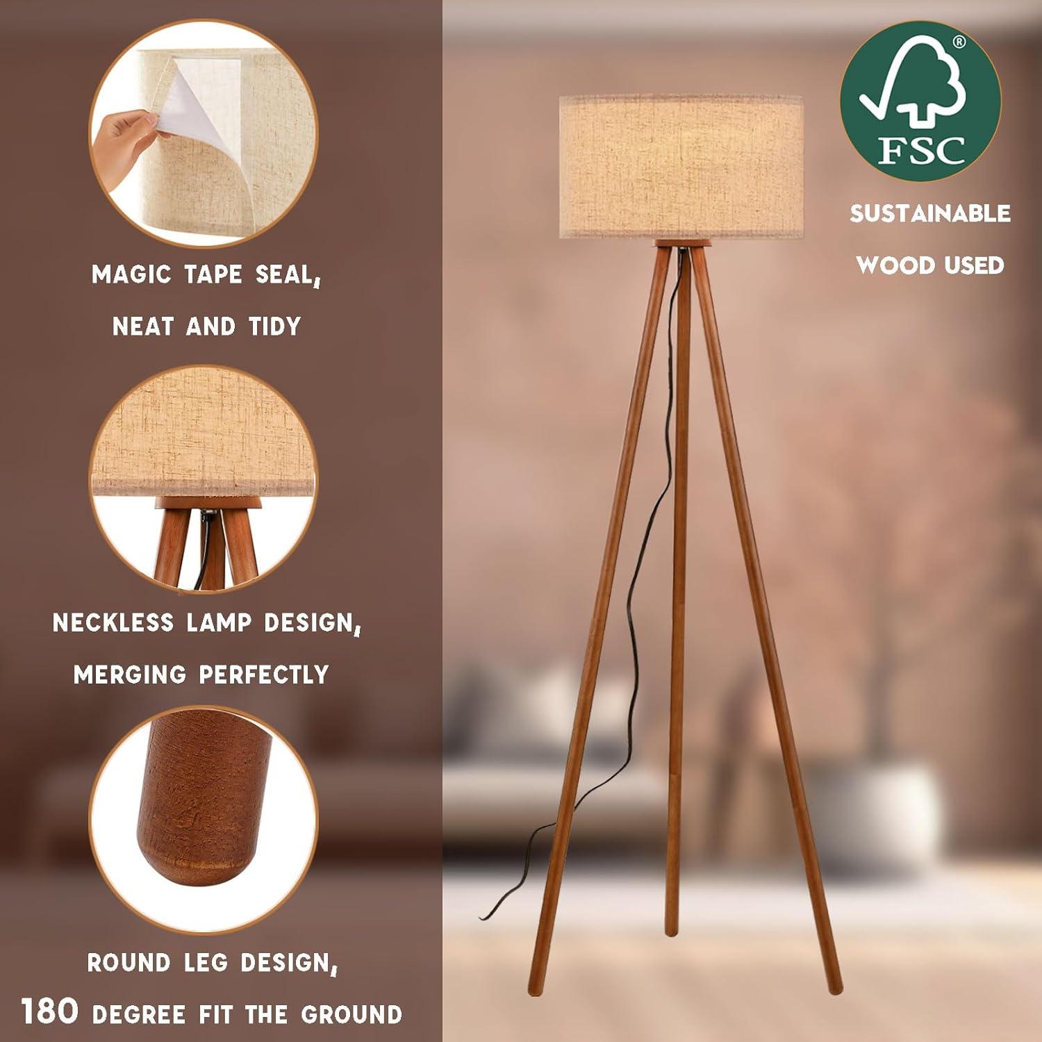 Wood Tripod Floor Lamp for Bedroom, Farmhouse Wooden Floor lamp with 3 Color Temparature LED Bulb for Living Room, Office, Footswitch,ETL Listed/Brown Wood Color