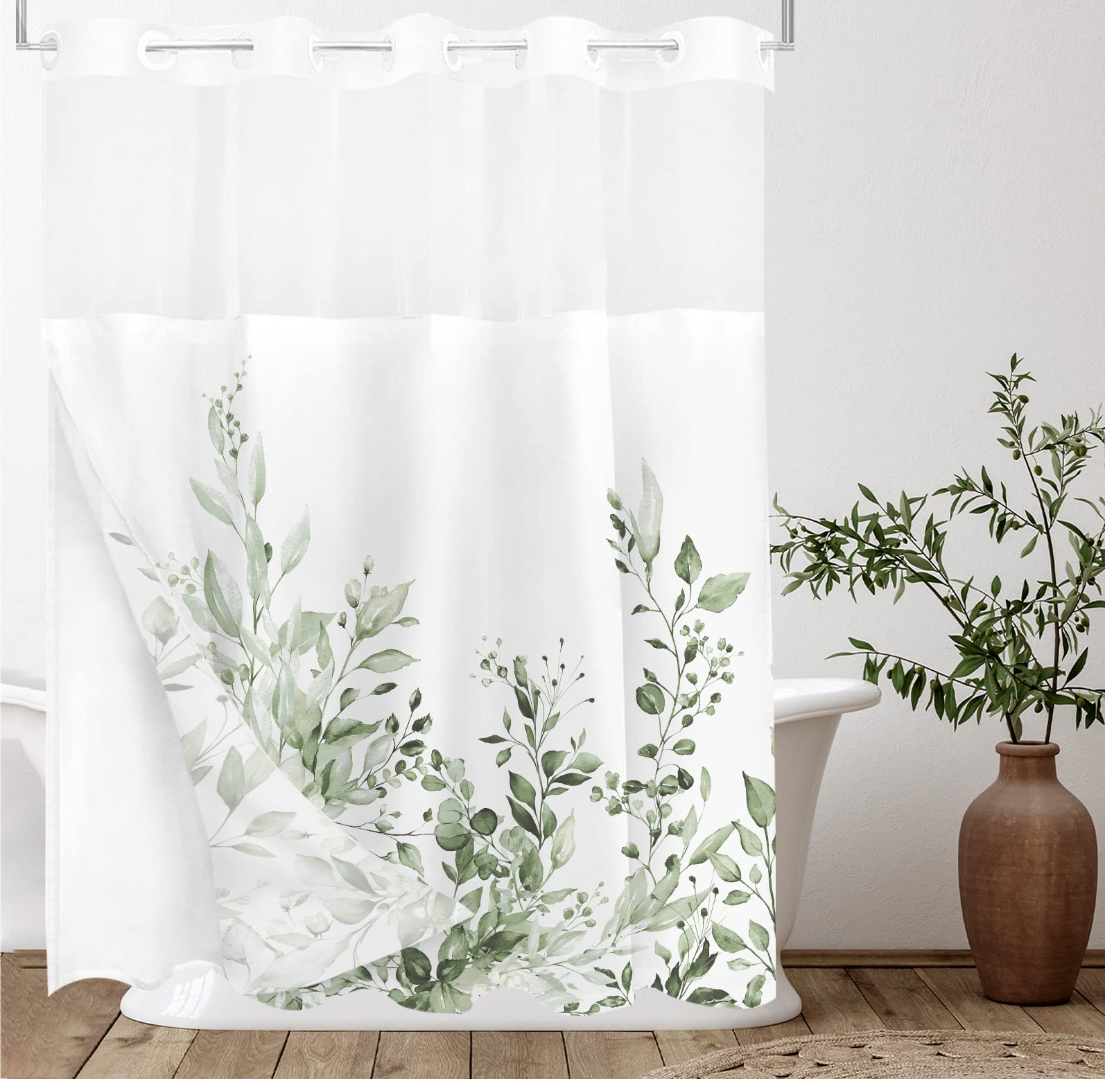 Tititex Duschvorhang-Set ohne Haken, zum Einrasten, Limegreen, Hellgrün, Eukalyptusblätter, Hotel-Luxus, doppellagig, wasserdichter Stoff und durchsichtiges Fenster, Badezimmer, dekorativ, 180 x 180