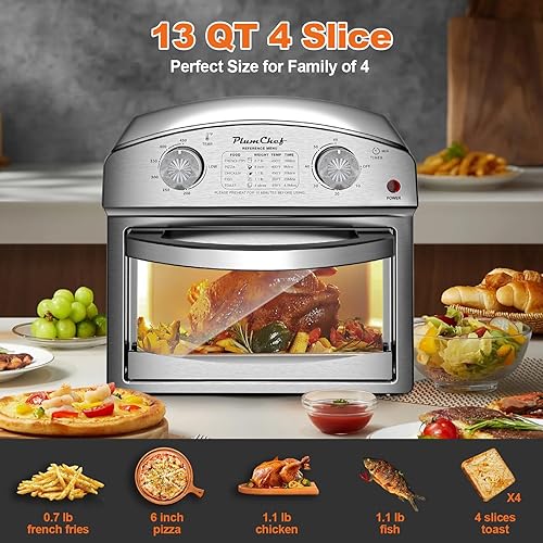 Miniatura 3 de PlumChef - Horno tostador de convección con freidora de aire de 13 cuartos de galón, 4 rebanadas, con menú de referencia, 1500 W, multifunción 7 en