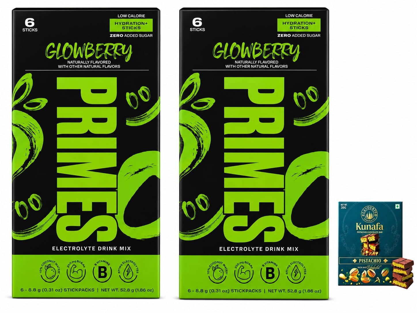 Primes Glowberry Electrolyte Drink Mix (2 Pack) 52.8g Each With Free Flavourito Kunafa Pistachio Chocolate Bar, 20g By Decadent Foods (Imported USA)-image-7