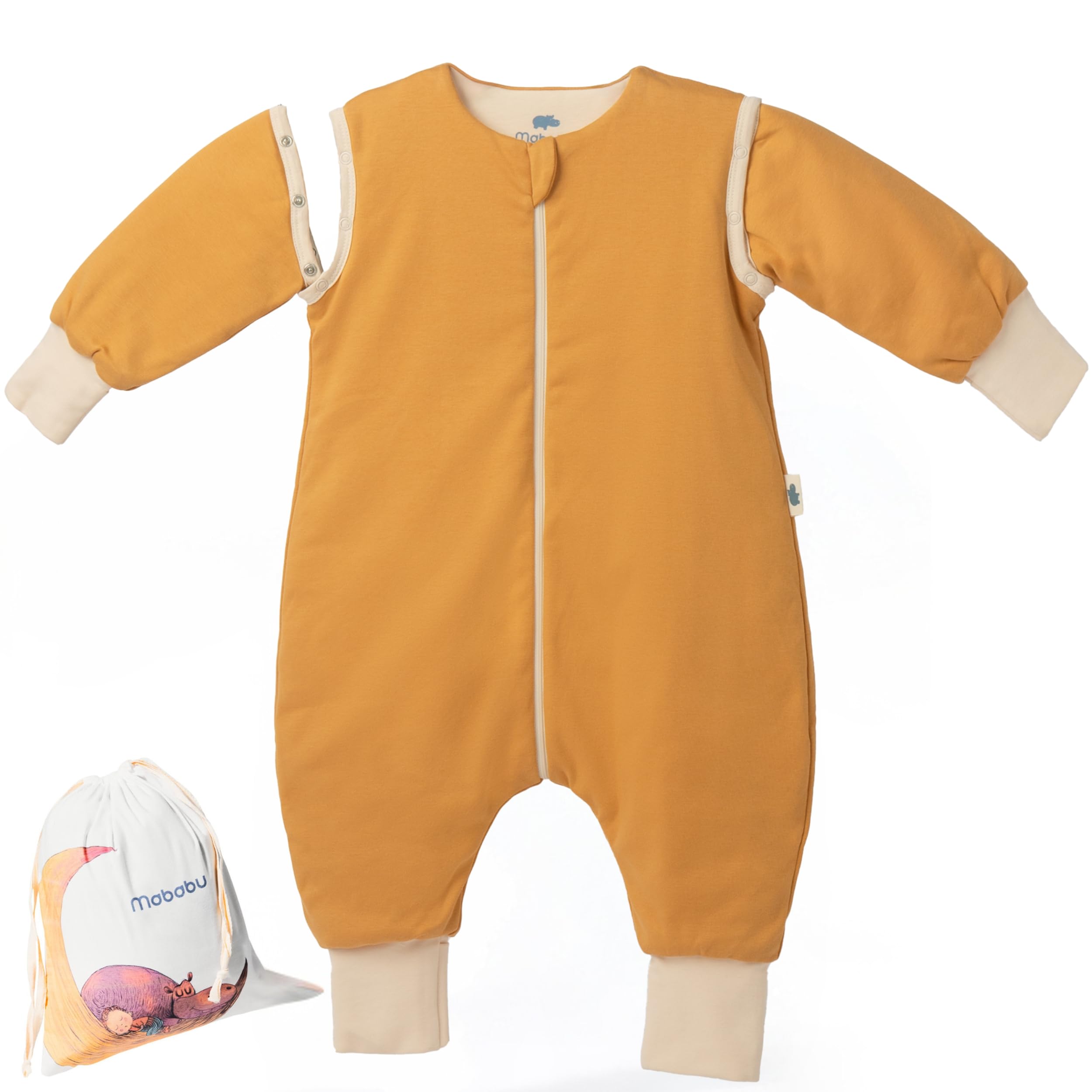 Mababu Ganzjahres Baby Schlafsack mit Füßen & abnehmbaren Ärmeln - 2.5 TOG - 100% GOTS Bio-Baumwolle - Ganzjähriger Kinderschlafsack mit Füßen- umklappbare Bündchen (Karamell, 100cm)