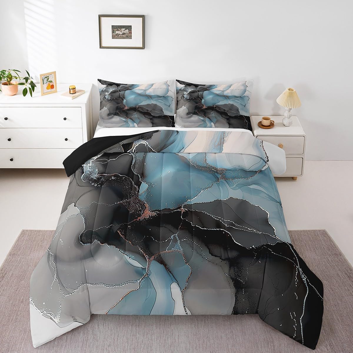 Black Purple Marble Bedding King Size Watercolor Aesthetic Comforter Set King, Abstract Marbling Duvet Insert Stone Pattern Quilt Set, Gold Metallic Bedding Comforters & Sets Girls Bedroom Decor