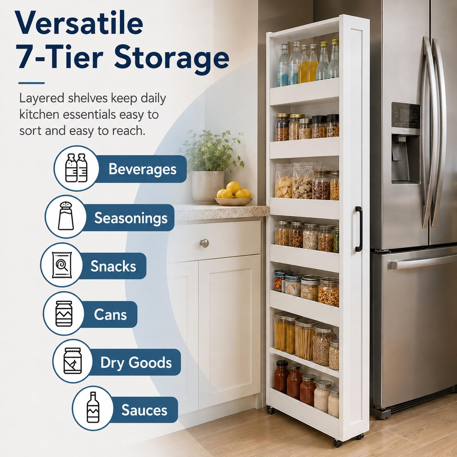 Gabinete Estrecho con Asa Y Ruedas, Carrito De Almacenamiento Grande Y Delgado, Organizador de Cocina Estrecho, estantería móvil para despensa, Mueble Auxiliar para rincones | Gray,25x55x183cm