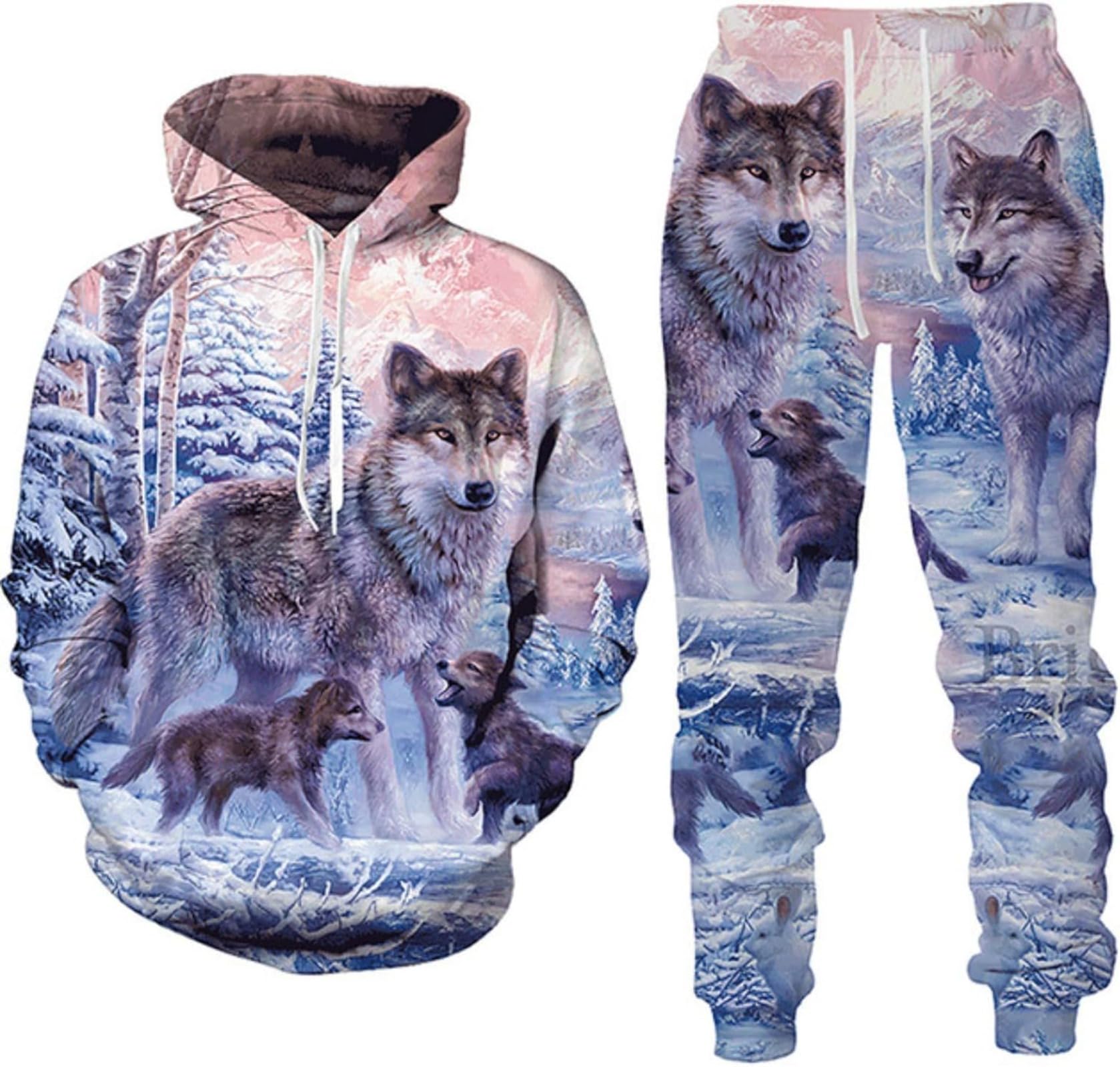 hiegi 3D Wolf Men's Tracksuit, Hoodies+Long Trousers, Jogging Suit, 2-Piece Set for Men, 4XL