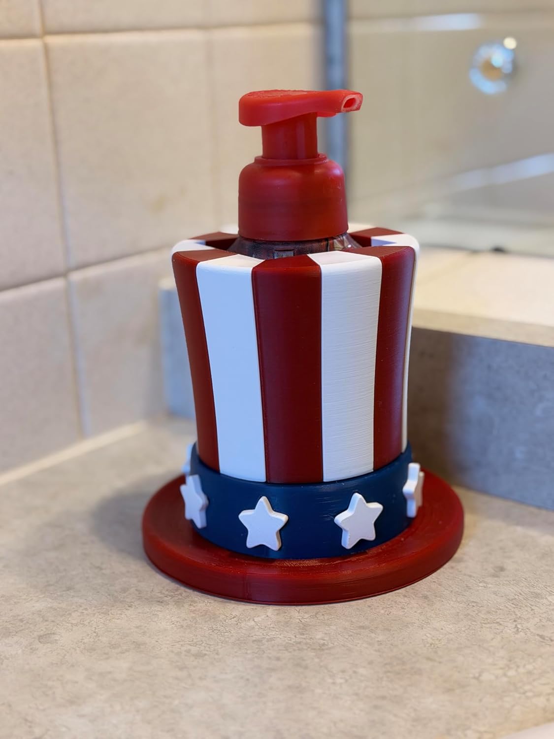 Uncle Sam Hat Soap Dispenser Holder for Foaming Soap Bottles, 3D Printed PLA, Patriotic Red, White and Blue Stars and Stripes Design