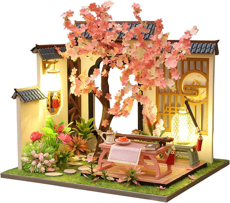 Chinese Style Lute-Playing, Chess, Calligraphy, and Painting,Wooden Miniature Dollhouse Kit with Furniture,DIY Antique Courtyard Model Dollhouse Puzzle Craft Gift (Lute-Playing)