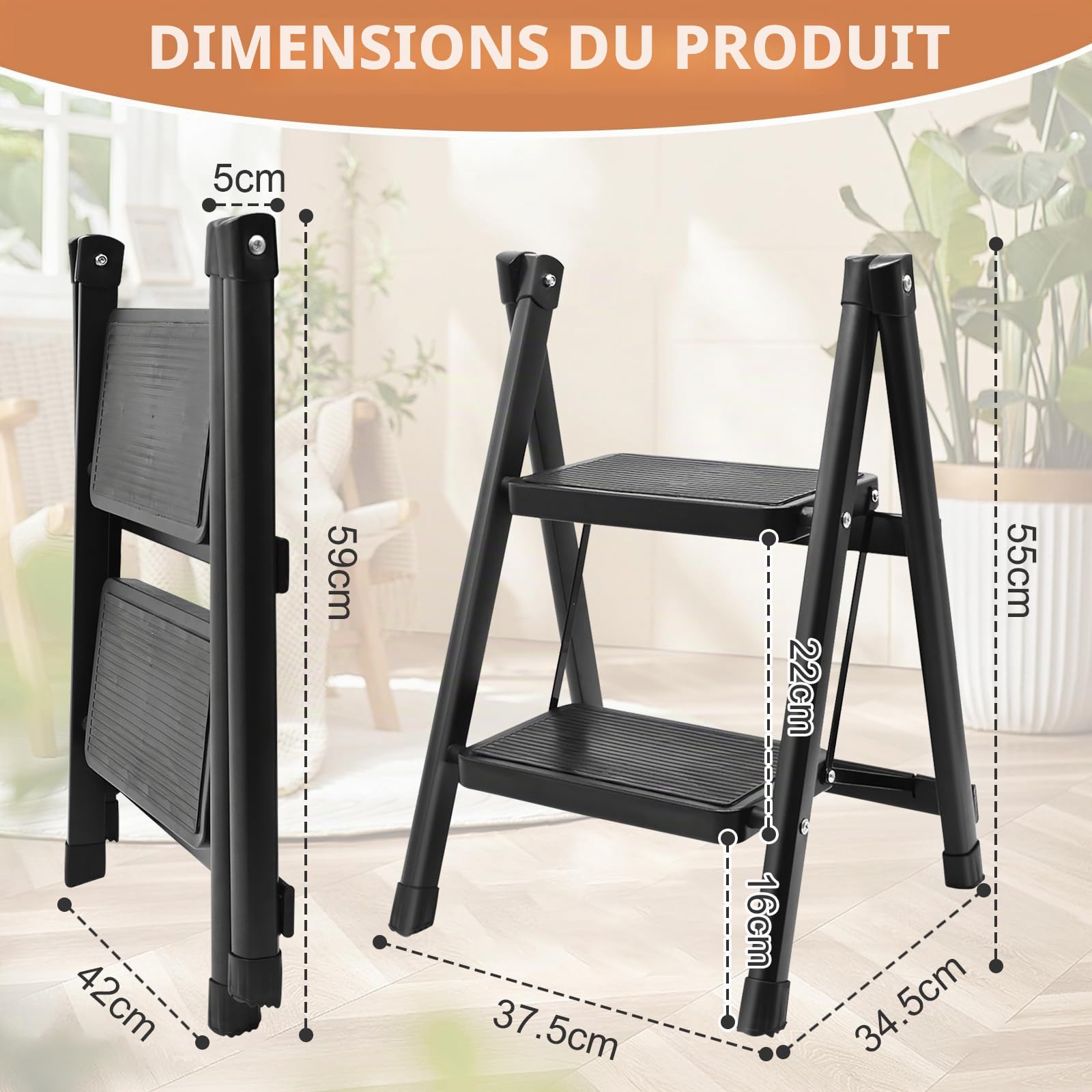 Escabeau 2 Marches, Portable Échelle Pliante Marchepied Antidérapant Charge Maximale 150 kg Acier Durable Léger Echelle Domestique Pliable pour Maison, Cuisine, Garage, Bureau