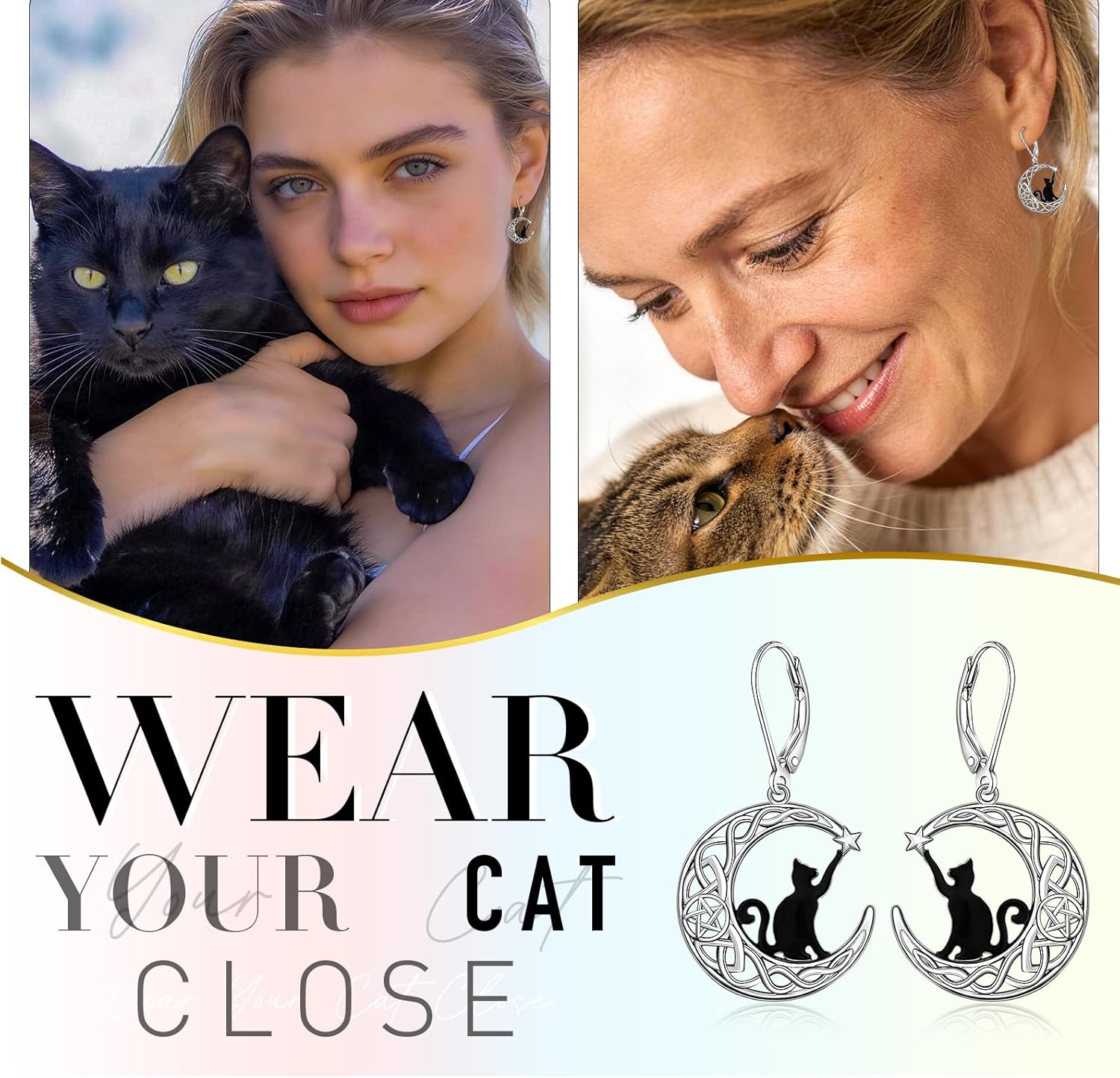 Cat Earrings - S925 Sterling Silver Black Cat Earrings for Women Teardrop Moonstone Abalone Dangle Cats Jewelry Christmas Gift