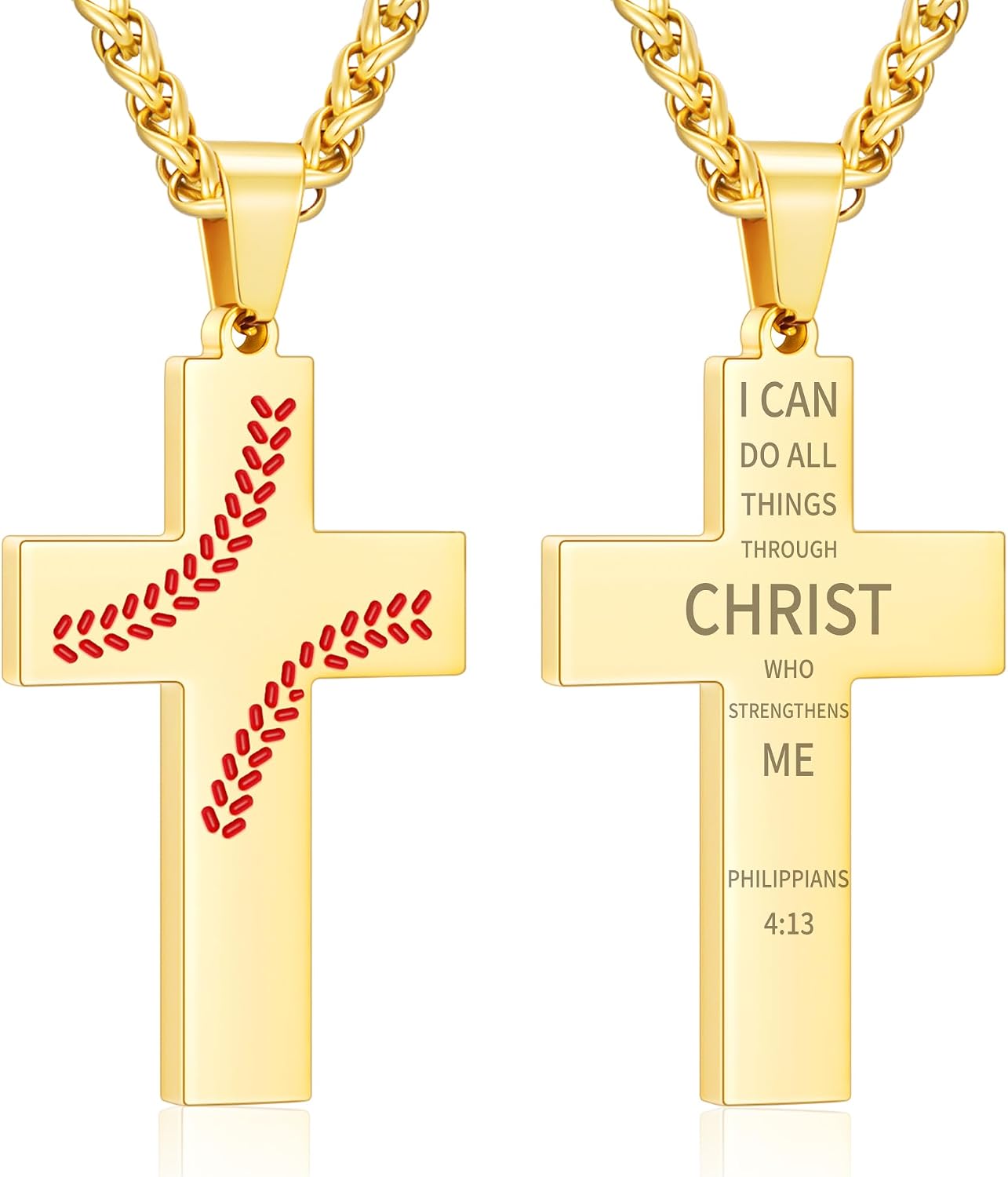 Zocomi Baseball Cross Necklace for Boys Men, Stainless Steel Cross Pendant Chain 24 Inches, Inspirational Bible Verse Religious First Communion Confirmation Gift