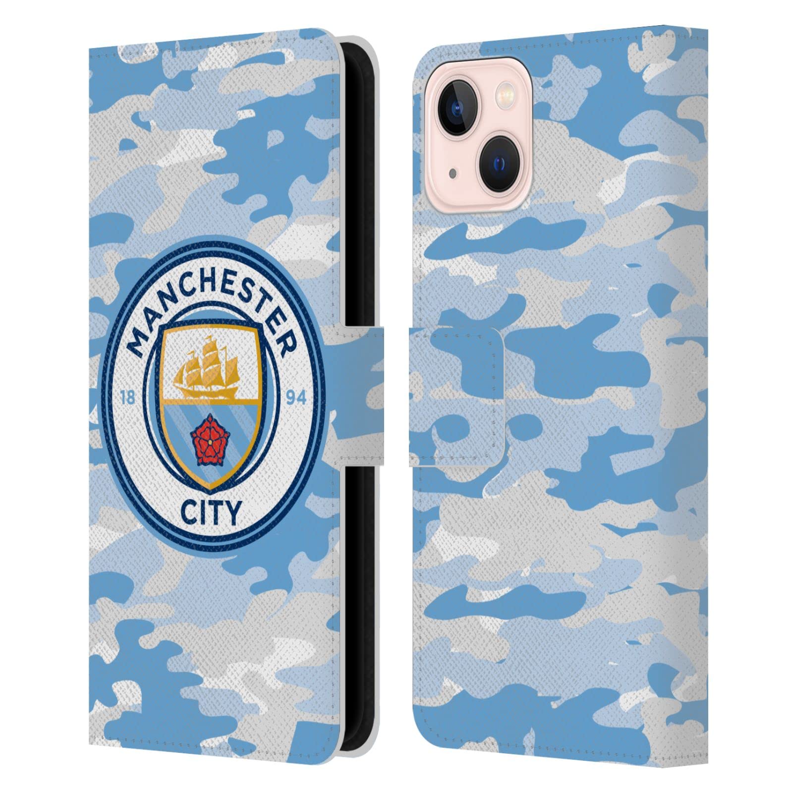 Head Case Designs Officially Licensed Manchester City Man City FC Light Blue Moon Badge Camou Leather Wallet Case Compatible With Apple iPhone 13