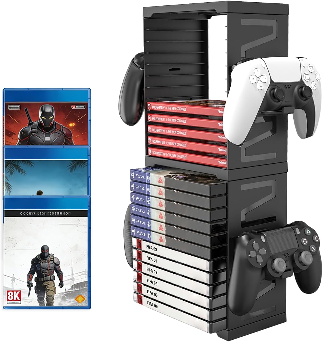 ASFSKY Video Game Storage Tower, 24-Game Organizer with 4 Controller Hooks | For PS5, PS4, Xbox and Switch Game Cases; Vertical Gaming Organizer for Game Rooms, Desks and Gamer Gift Ideas