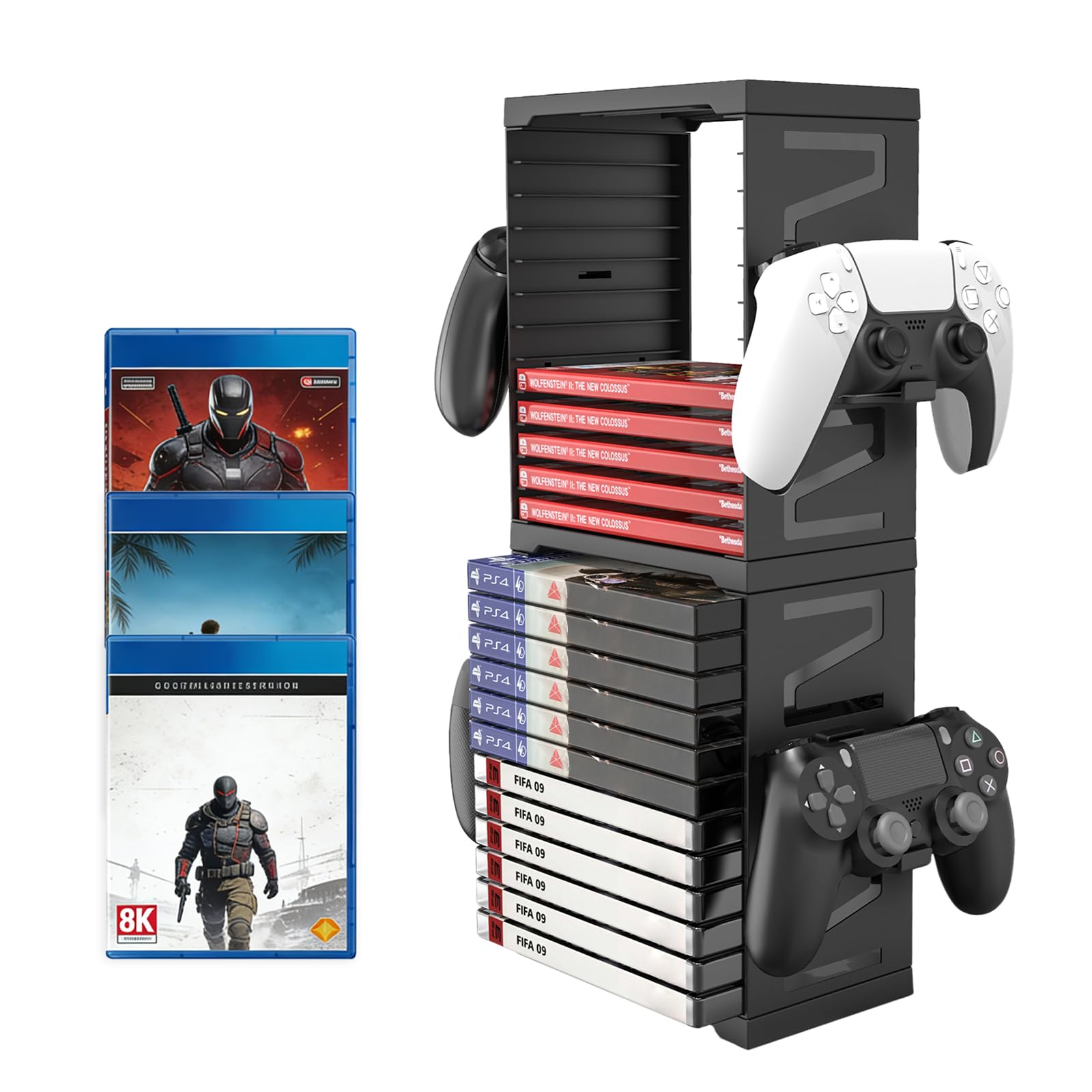 ASFSKY Video Game Storage Tower - 24 Games Video Game Organizer & Holder with 4 Controller Hooks, Universal Video Game Storage Compatible with PS5/PS4