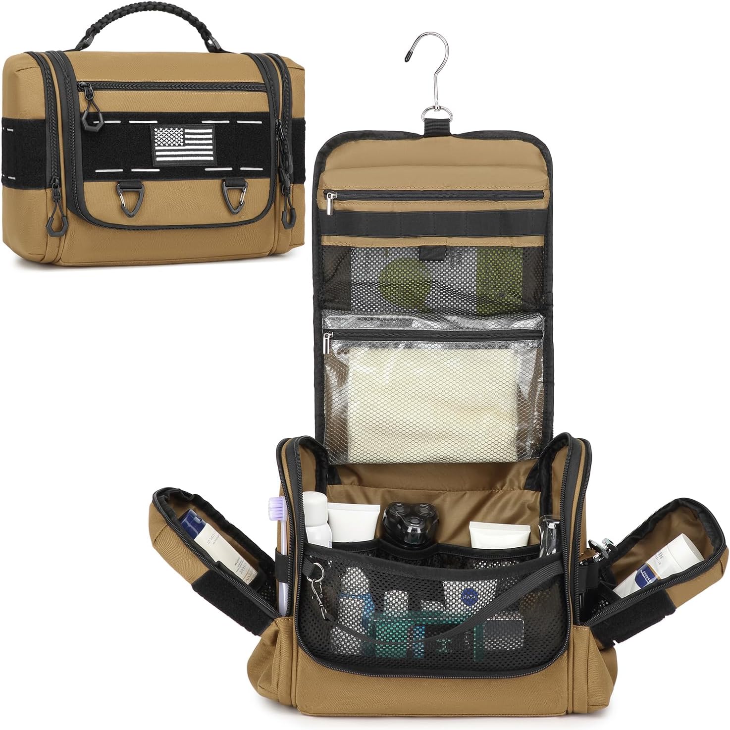 Tactical Toiletry Bag for Men - Hanging Dropp Kit Mens Toiletry Travel Bag for Toiletries, Traveling & Shaving Kit, Portable Hygiene Bag Shower Bathroom Organizer with Handle & Hook, Brown