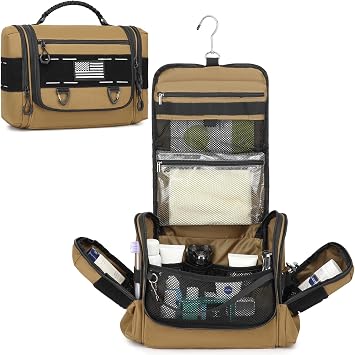 Tactical Toiletry Bag for Men - Hanging Dropp Kit Mens Toiletry Travel Bag for Toiletries, Traveling & Shaving Kit, Portable Hygiene Bag Shower Bathroom Organizer with Handle & Hook, Brown