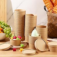 Vista 4 de Fulmoon Paquete de 100 recipientes de papel para sopa con tapas, recipientes de papel desechables para alimentos con tapa ventilada, tazas de postre