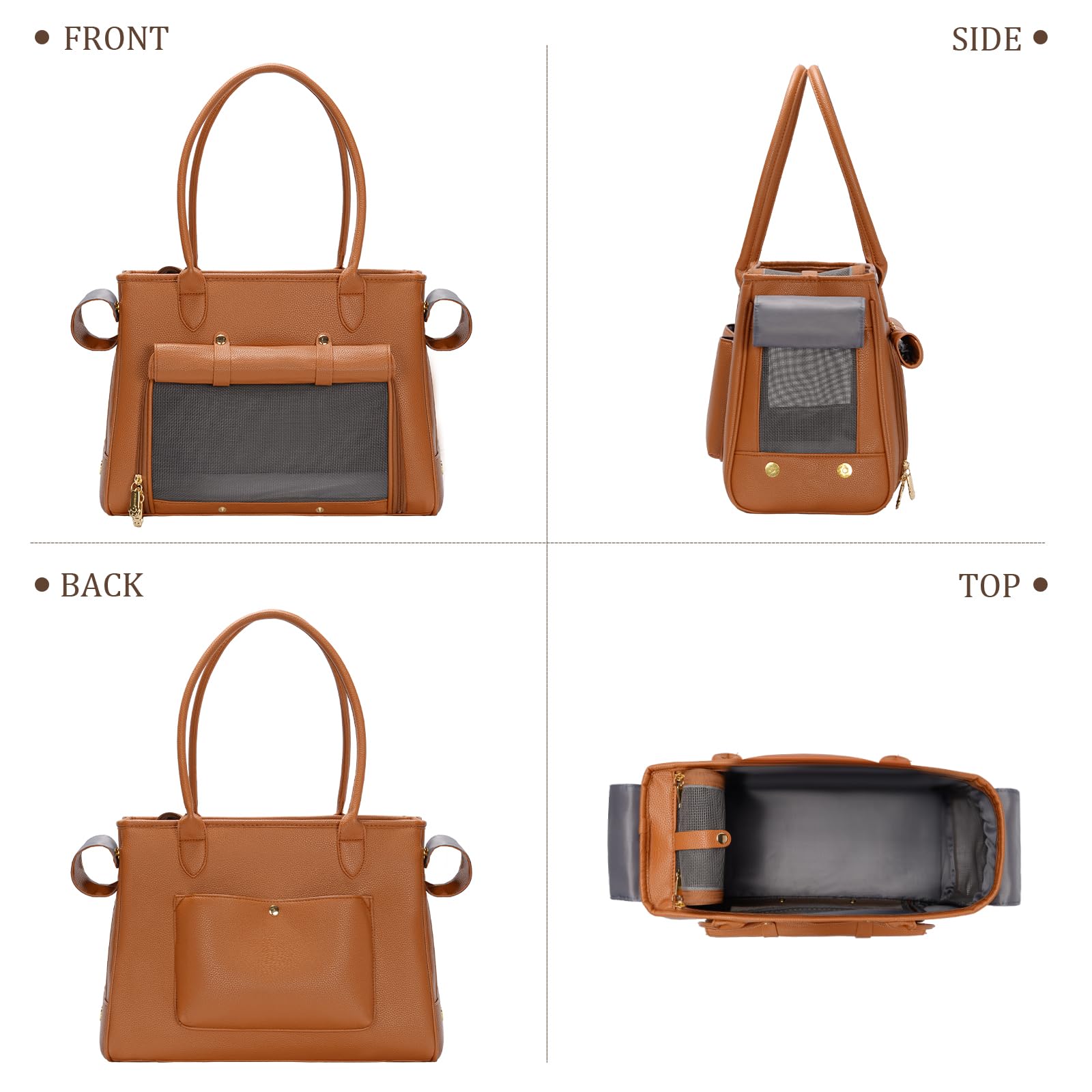 Bolso de transporte de mascotas para gatos y perros pequeños, bolsa de lujo de poliuretano de lados suaves con bolsillos grandes para perros y cachorros (marrón, 15.8 pulgadas de largo x 7.5 pulgadas
