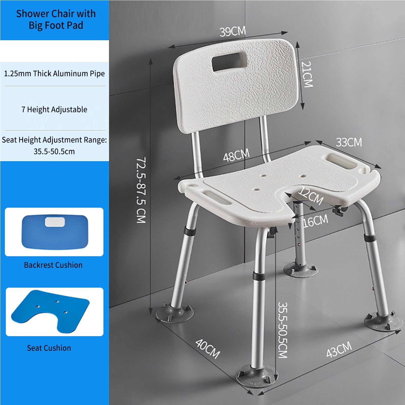 Silla De Ducha, Silla De Ducha con Respaldo Y Reposabrazos, Taburete De Ducha Antideslizante, Asiento De Ducha Regulable En Altura para Personas Mayores Y Discapacitadas, 136 Kg