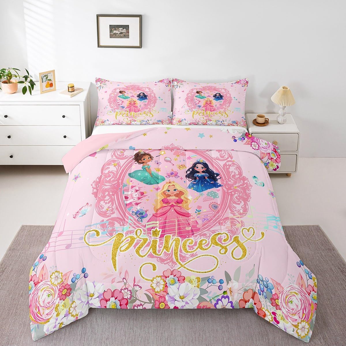 Kids Pink Princess Bedding Set Twin Size Princess Fairy Castle Duvet Quilt for Boys Girls Teens Bedroom Decor Floral Comforter Set Breathable Soft Lightweight Microfiber Women Men With 1 Pillow Case