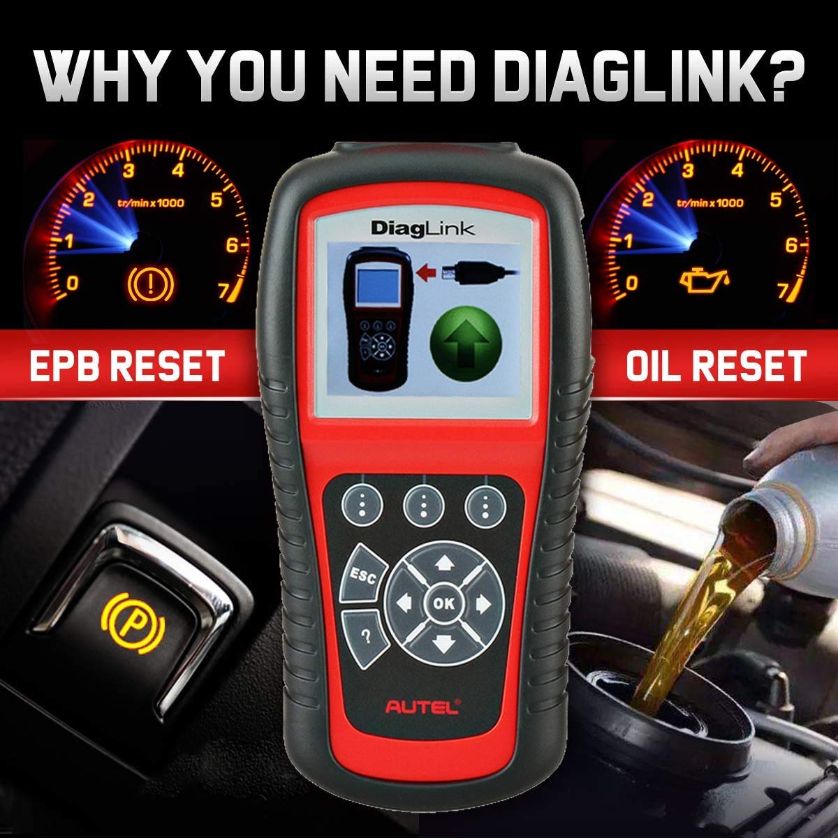 Autel DiagLink (Versione DIY MD802) diagnosi per Auto, Scanner diagnostico di Tutti i sistemi/Moduli per ABS, SRS, Motore, Trasmissione ECC., con 2 funzioni di Reset di Reset EPB, Reset Olio