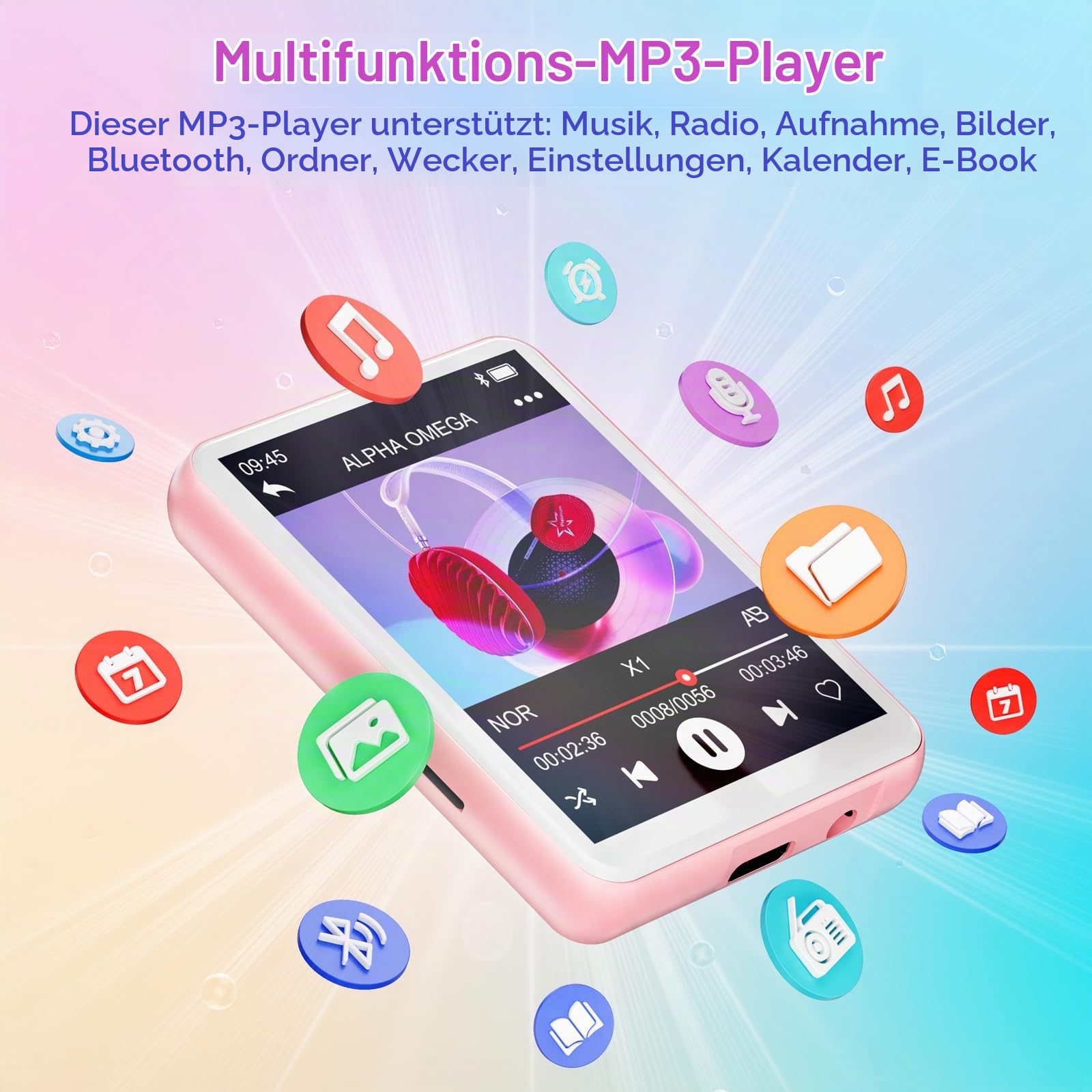 128GB MP3-Player Bluetooth 5.4, Oilsky 2,4 Zoll Full Touchscreen MP3, Tragbarer Musik Player mit Lautsprecher und FM Radio, Kinder MP3 Player, Sports Mp3 Player (Rosa)