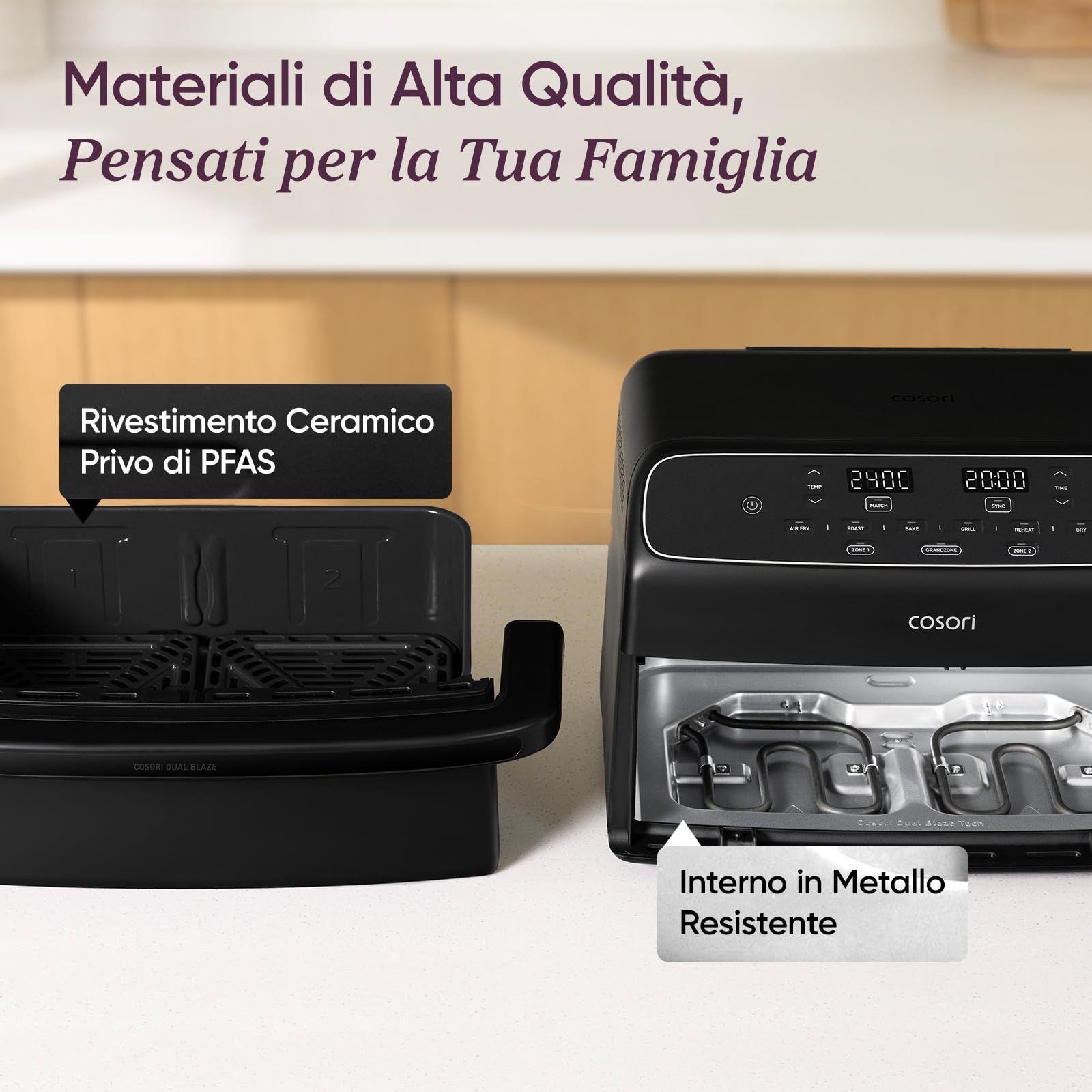 Cosori Friggitrice ad Aria Twinfry Compact 8,6 Litri, Doppio Cestello 4,3L+4,3L e Separatore Rimovibile, Doppia Resistenza Air Fryer, Rivestimento Ceramico No PFAS, 6 Funzioni, 35-240℃, 2700W