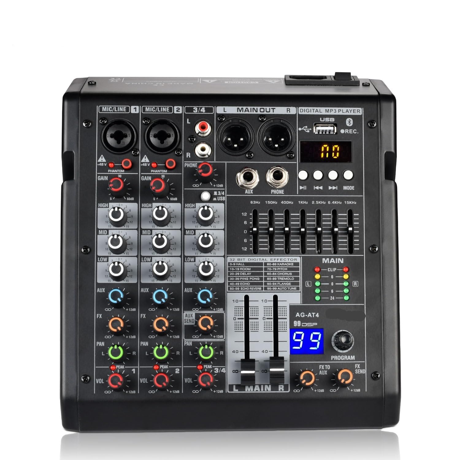 Mezclador de audio de 4 canales 99 DSP Independiente 48V Phantom Power Bluetooth 5.0 Play