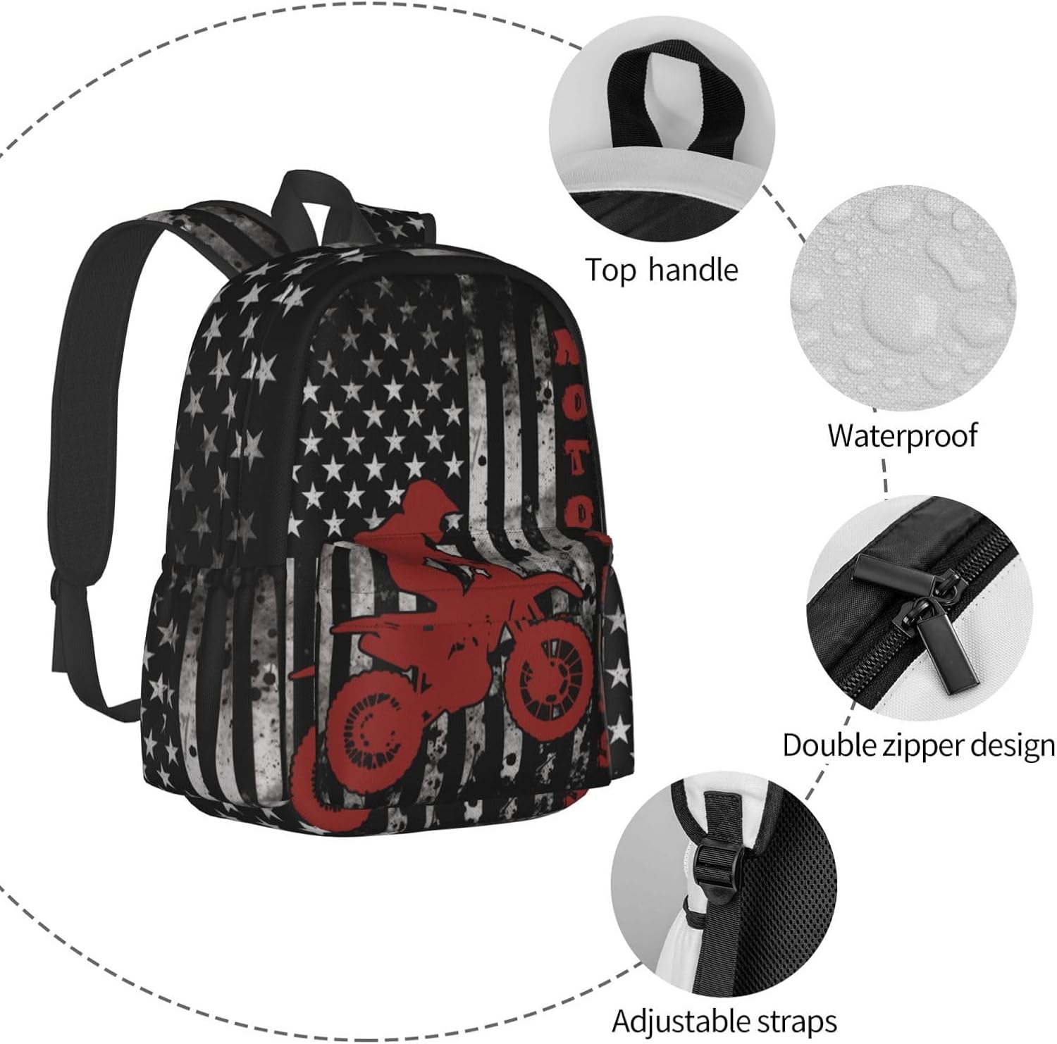 American Flag Motocross Backpack Laptop Backpacks Multipurpose Daypack For Men Women Travel Hiking - Image 3